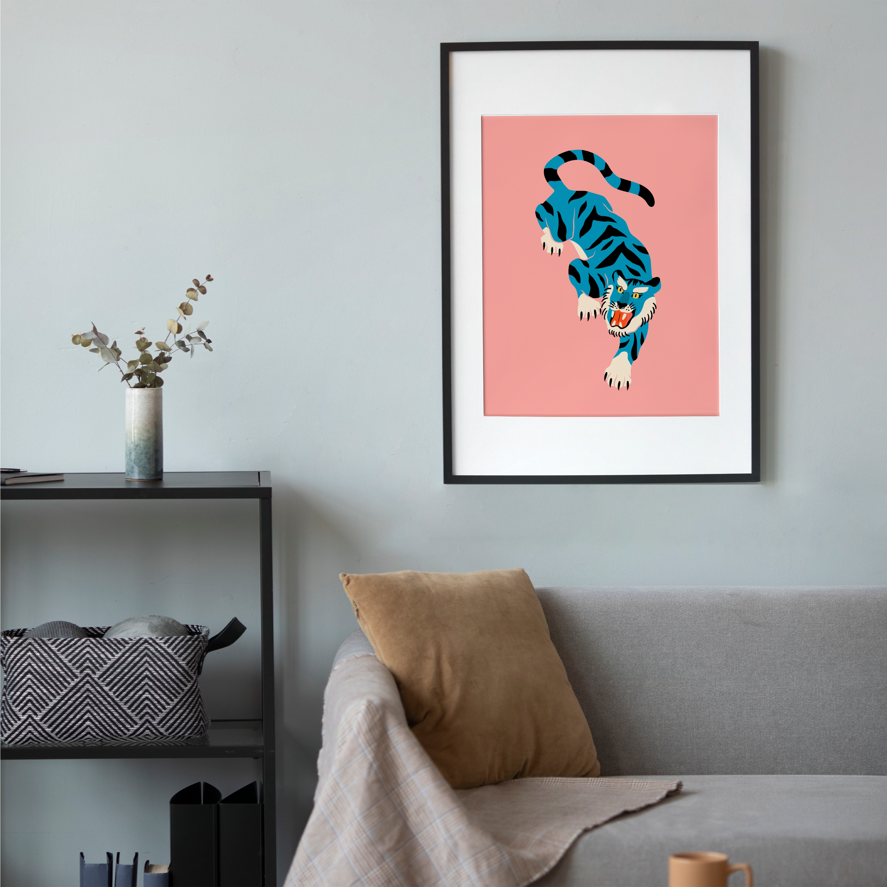 Affiche Blue Tiger cadre noir salon