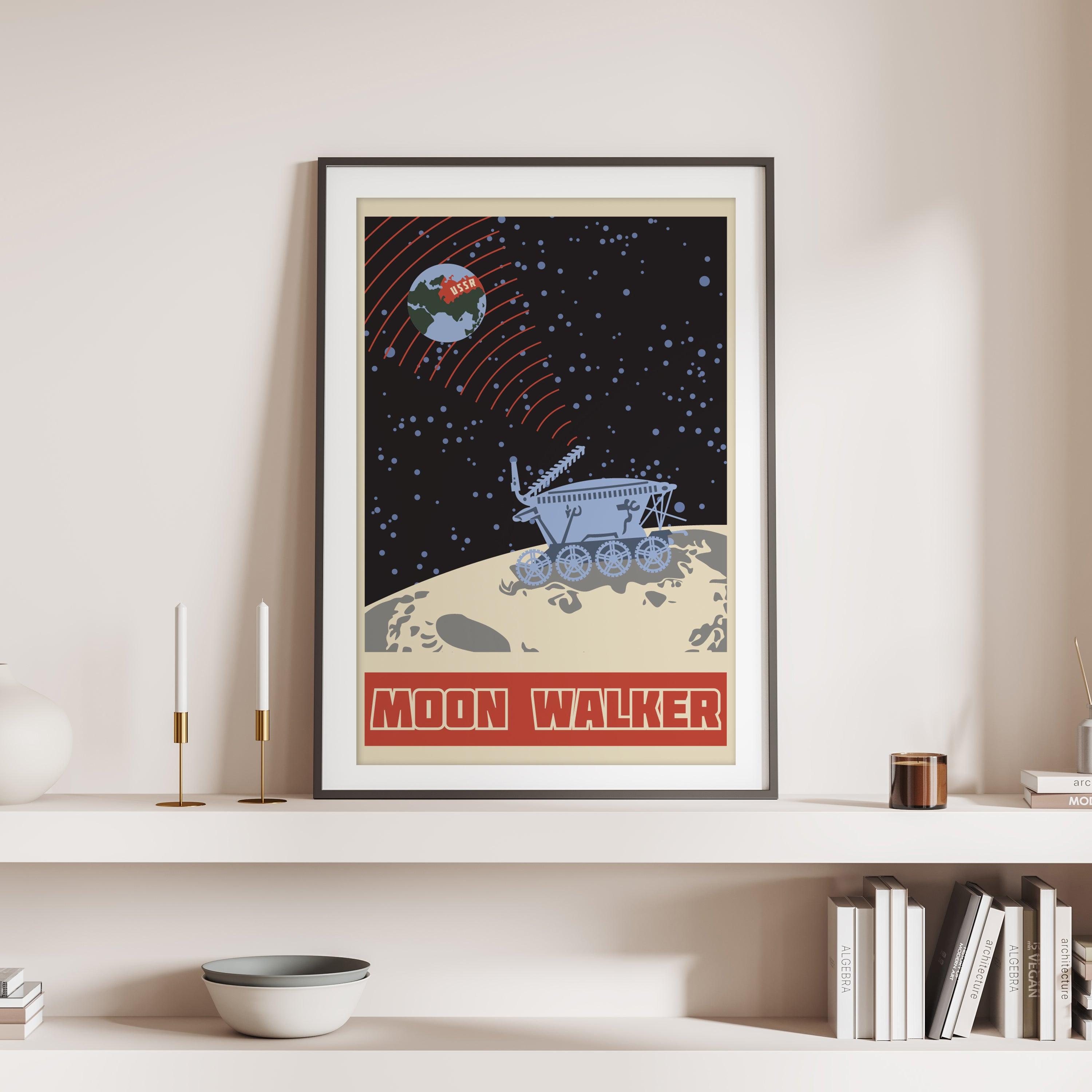 Affiche Moon Walker - Style Vintage d'Art Spatial Soviétique cadre noir