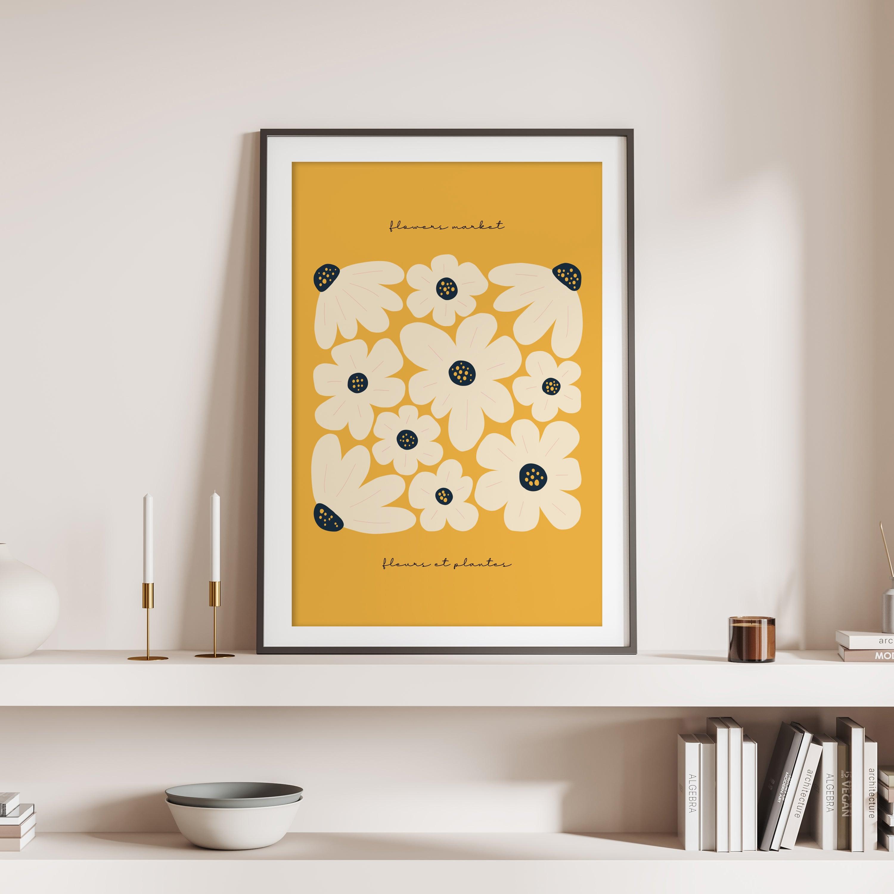 affiche fleurs jaune Myosotis cadre noir