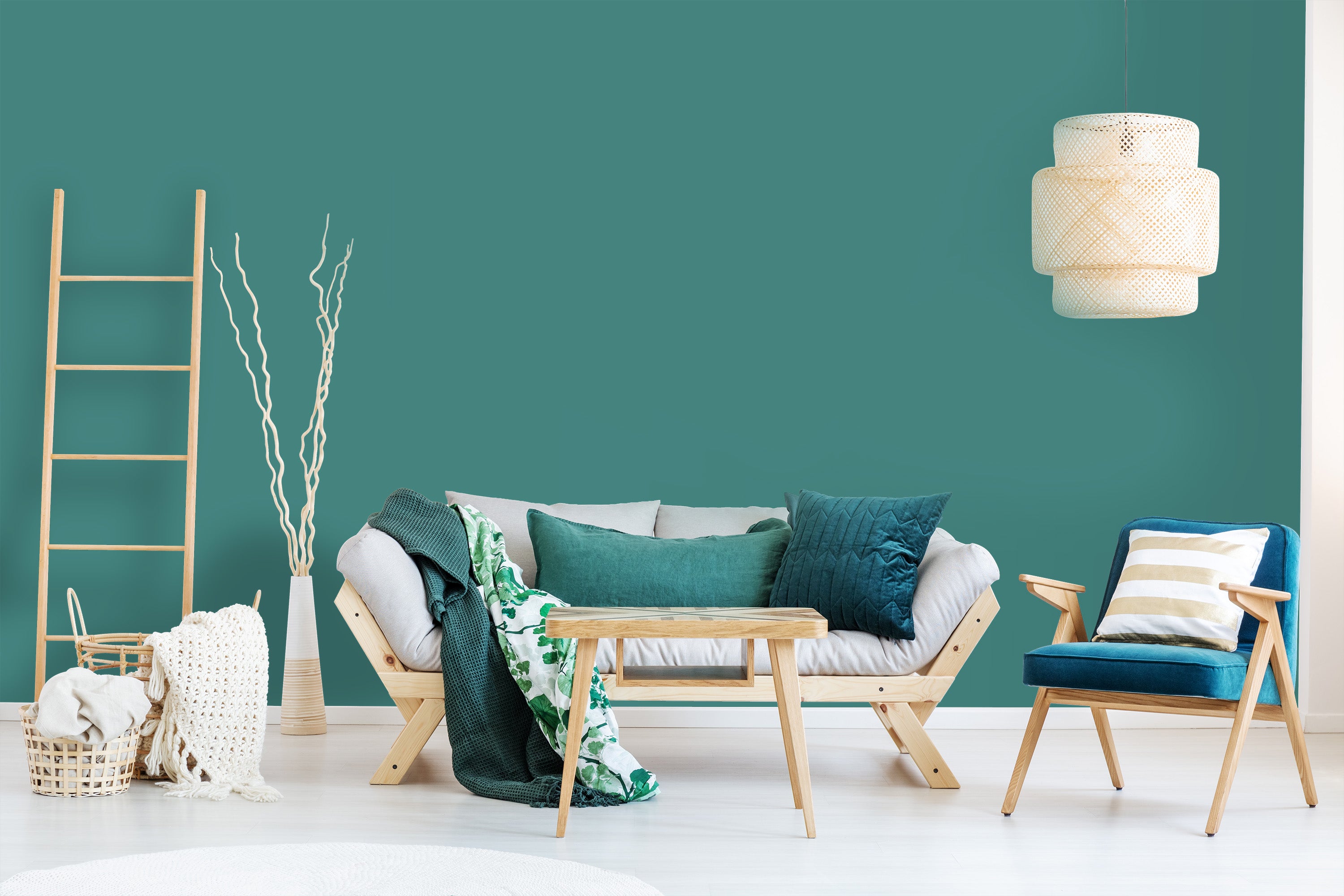 salon bleu vert et blanc