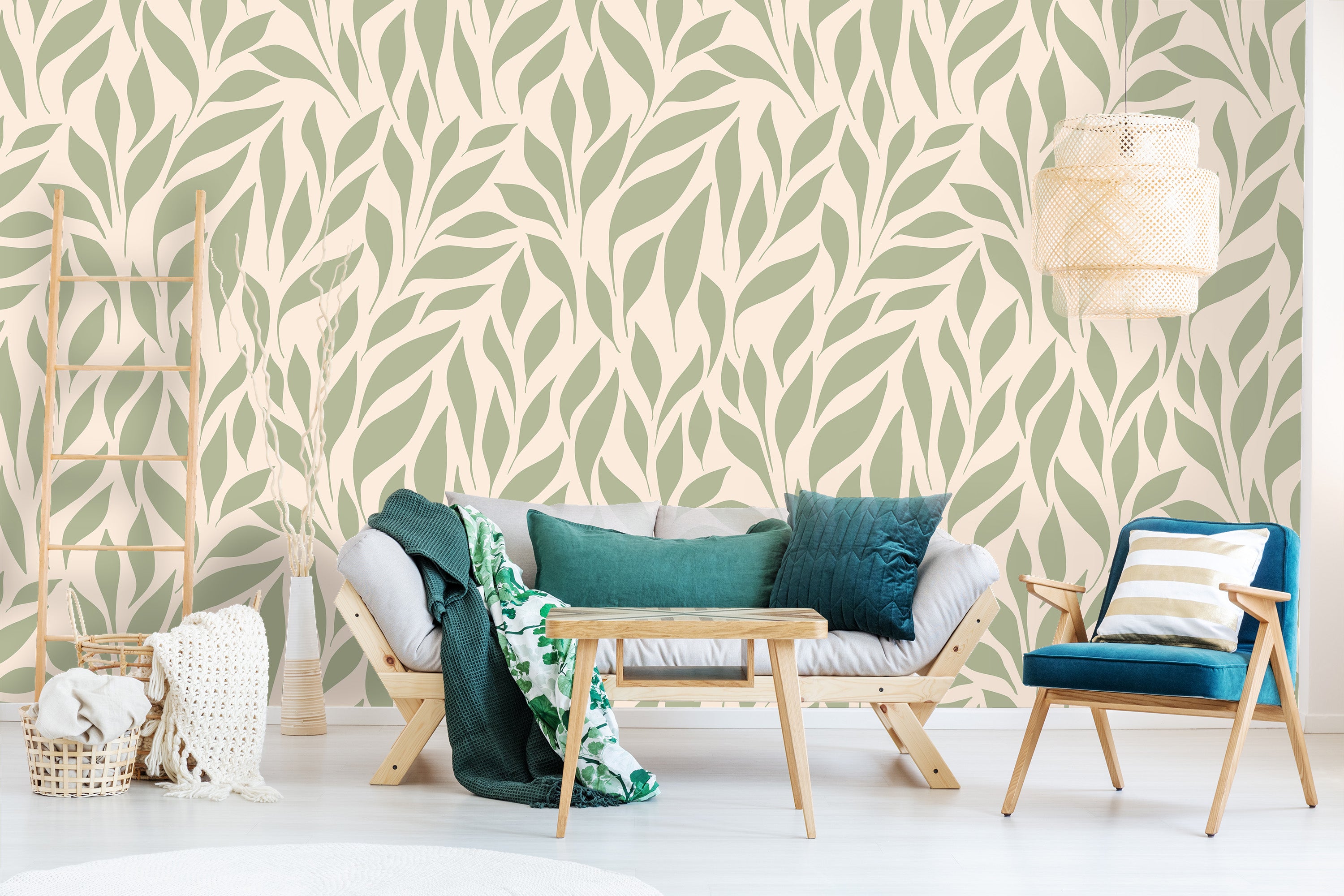 salon papier peint feuilles vertes Charlie