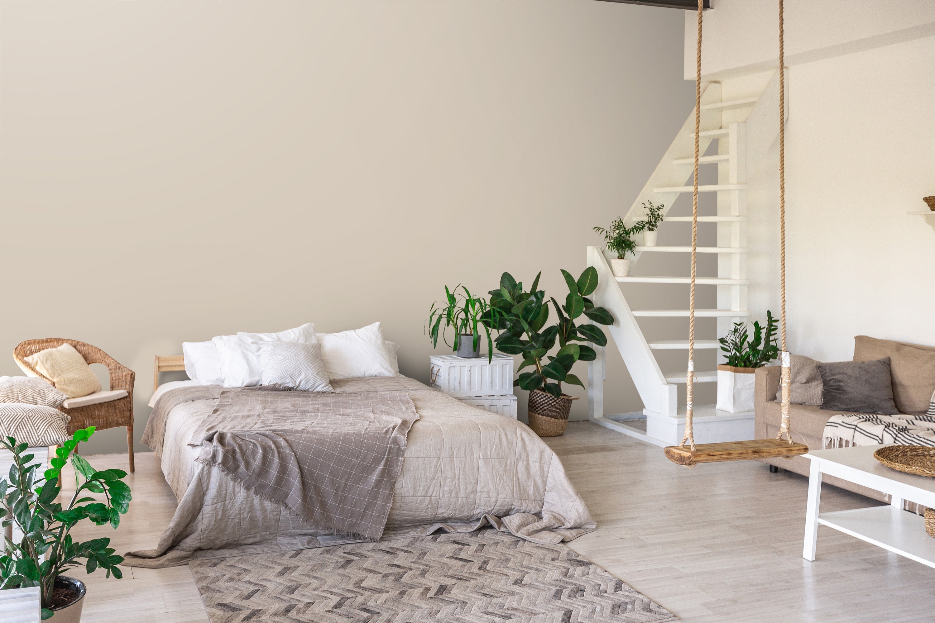 chambre beige blanche plantes