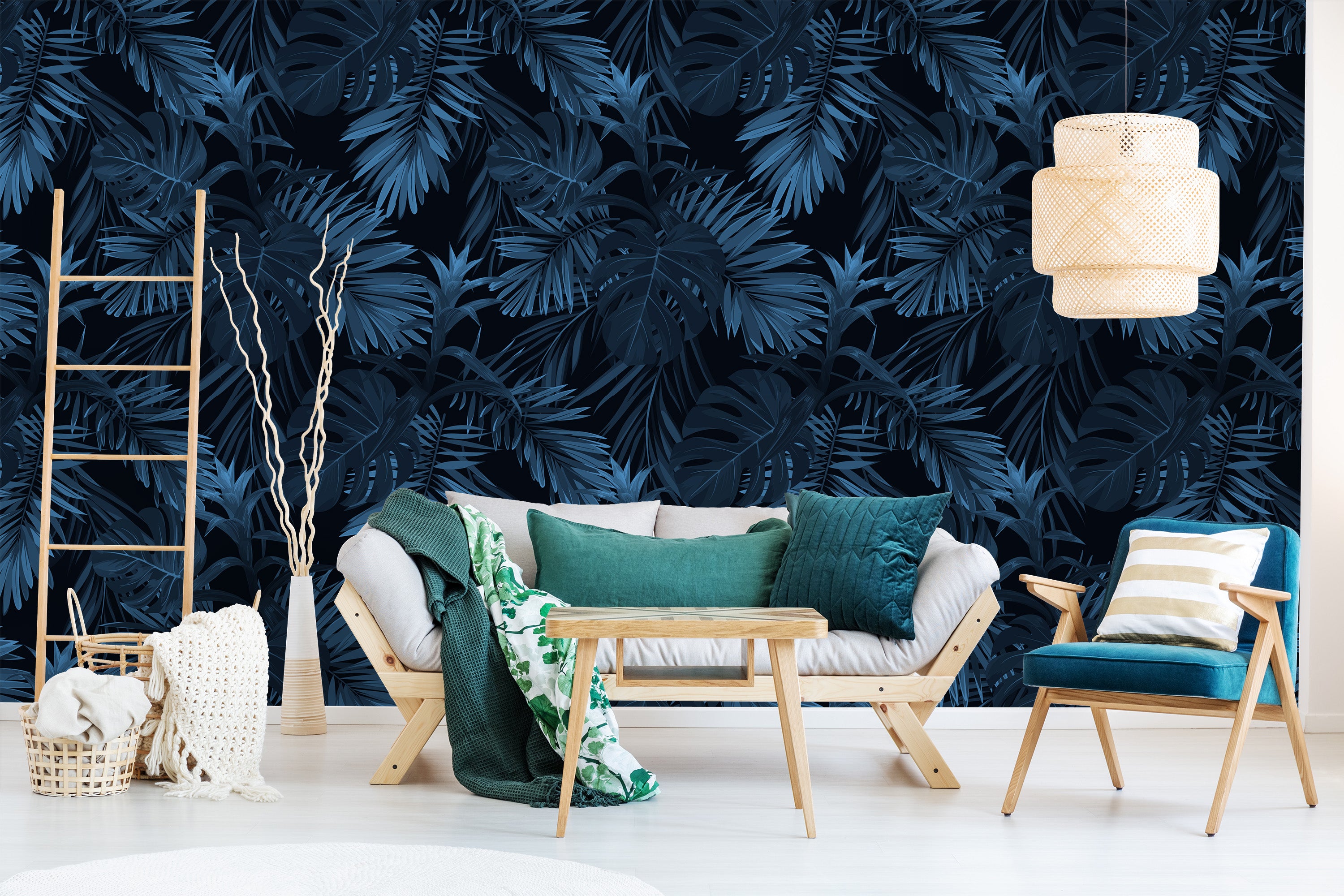 salon canape fauteuil bois papier peint motifs feuilles bleues
