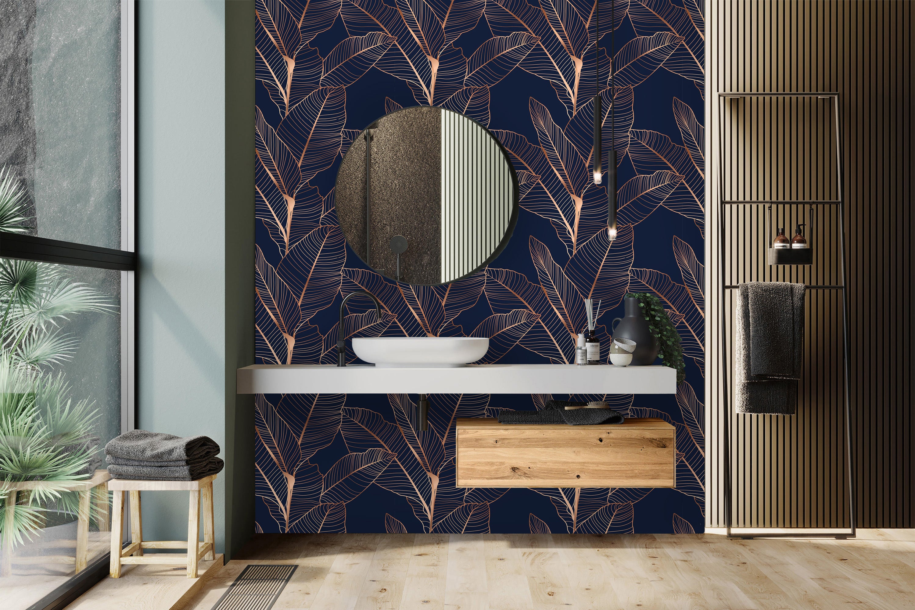 salle de bain avec papier peint floral Gaia