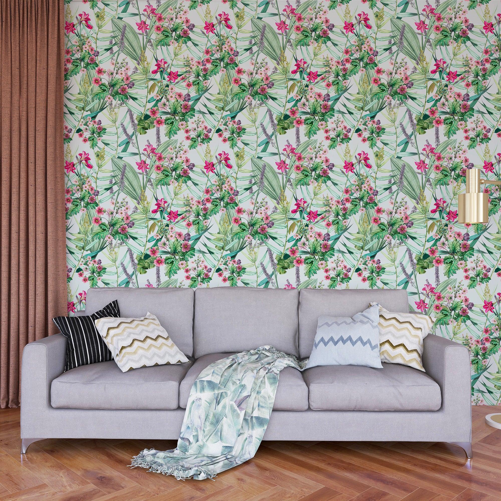 papier peint motifs feuilles et fleurs roses