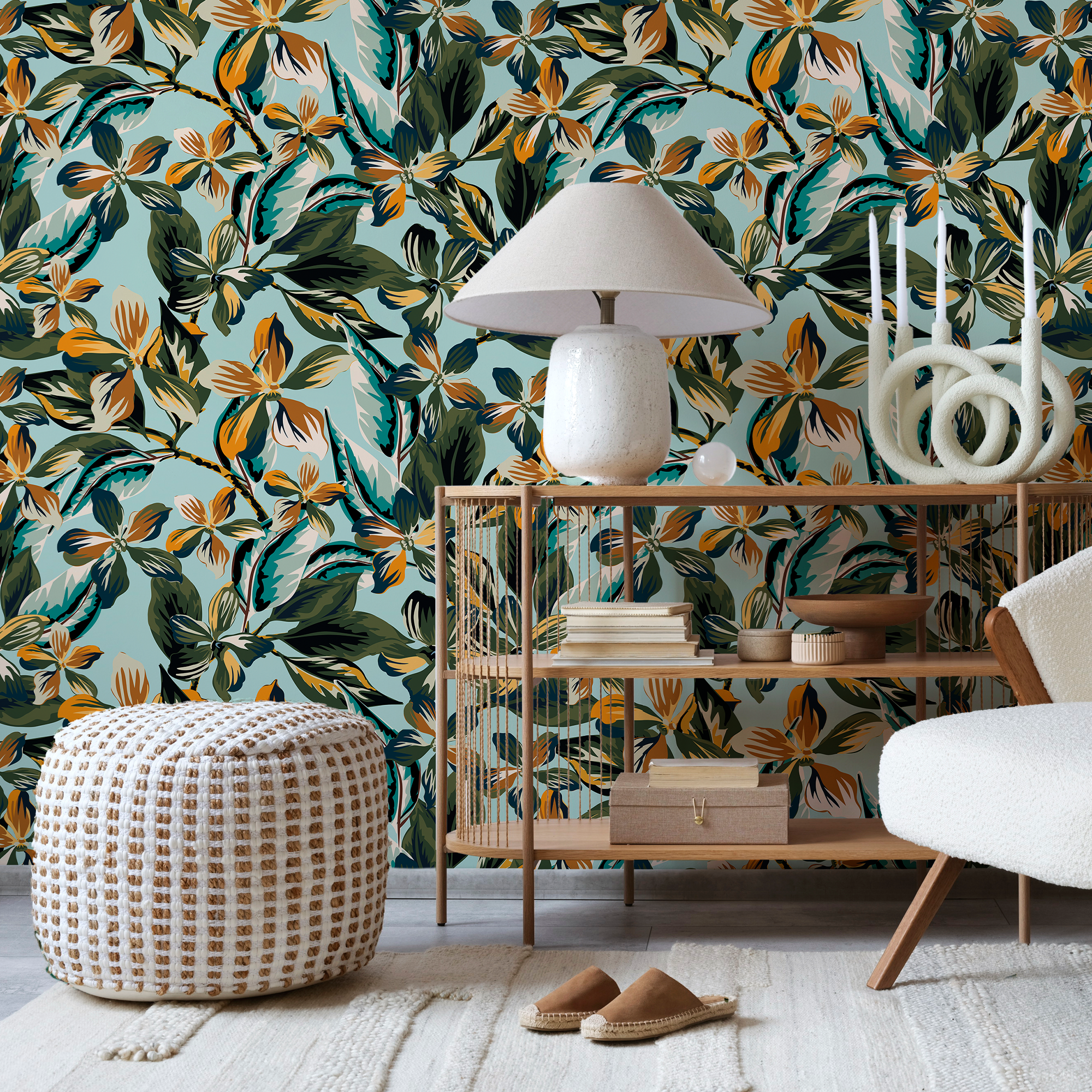 Papier peint floral bleu et orange