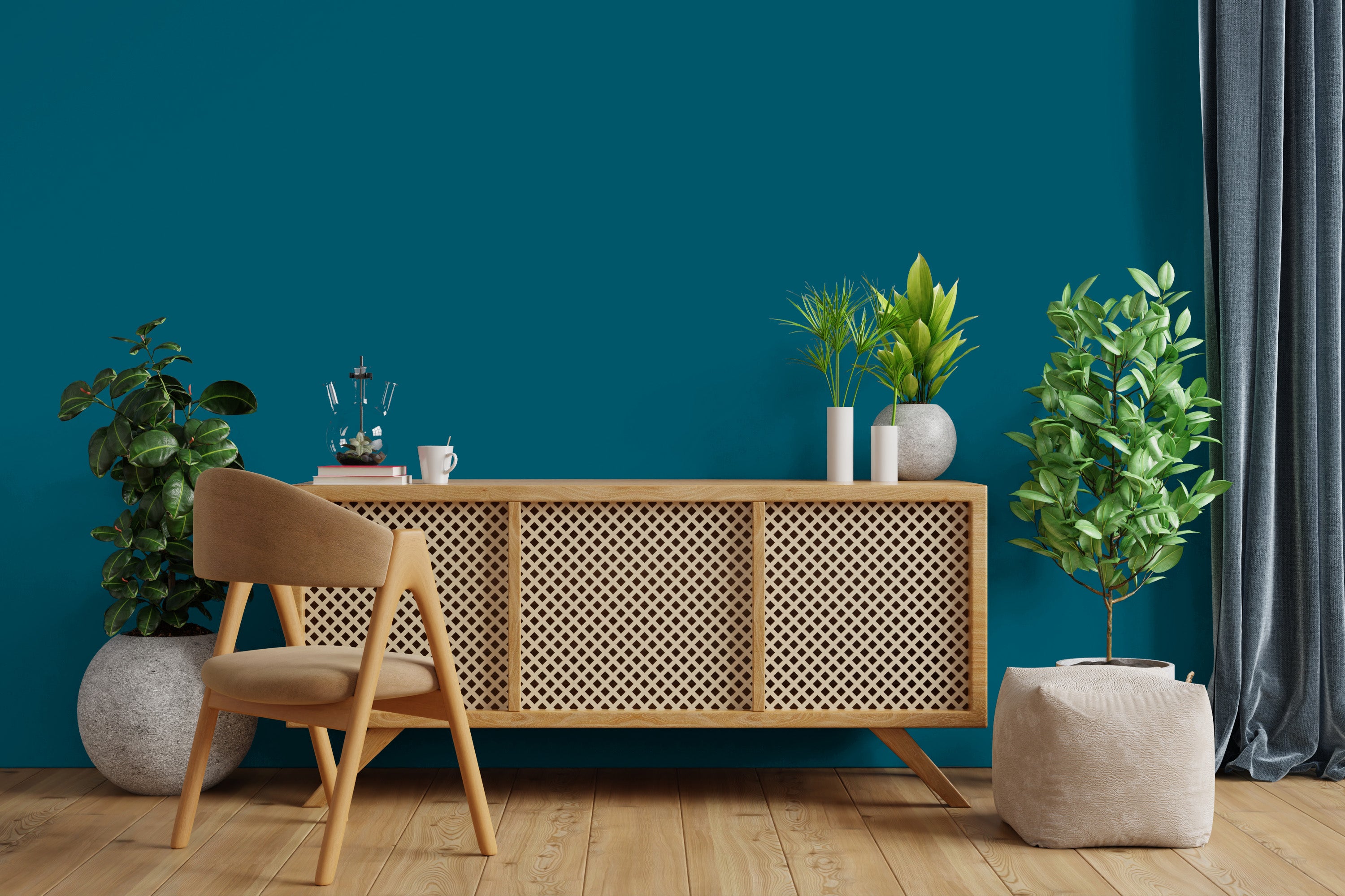 séjour bleu et bois
