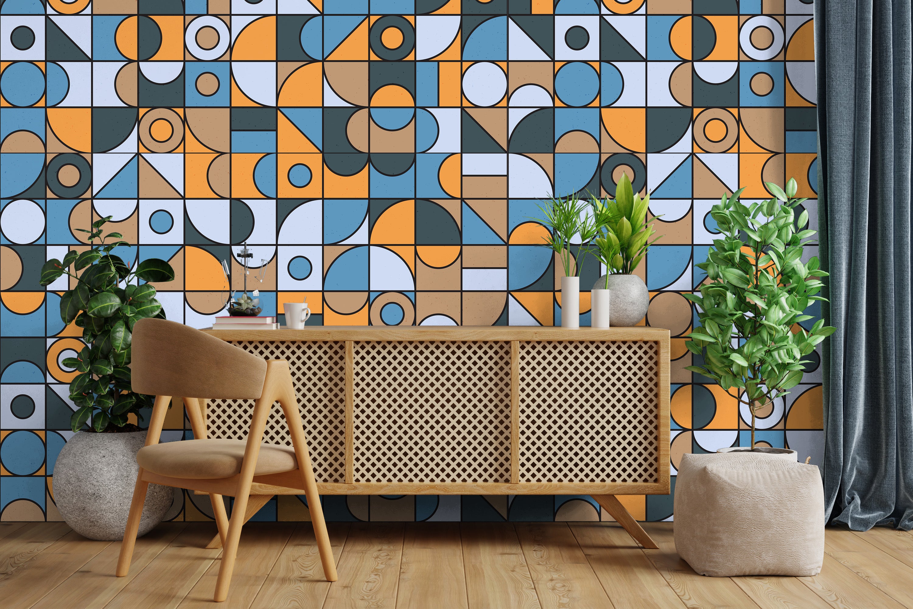 séjour papier peint géométrique orange et bleu Henri