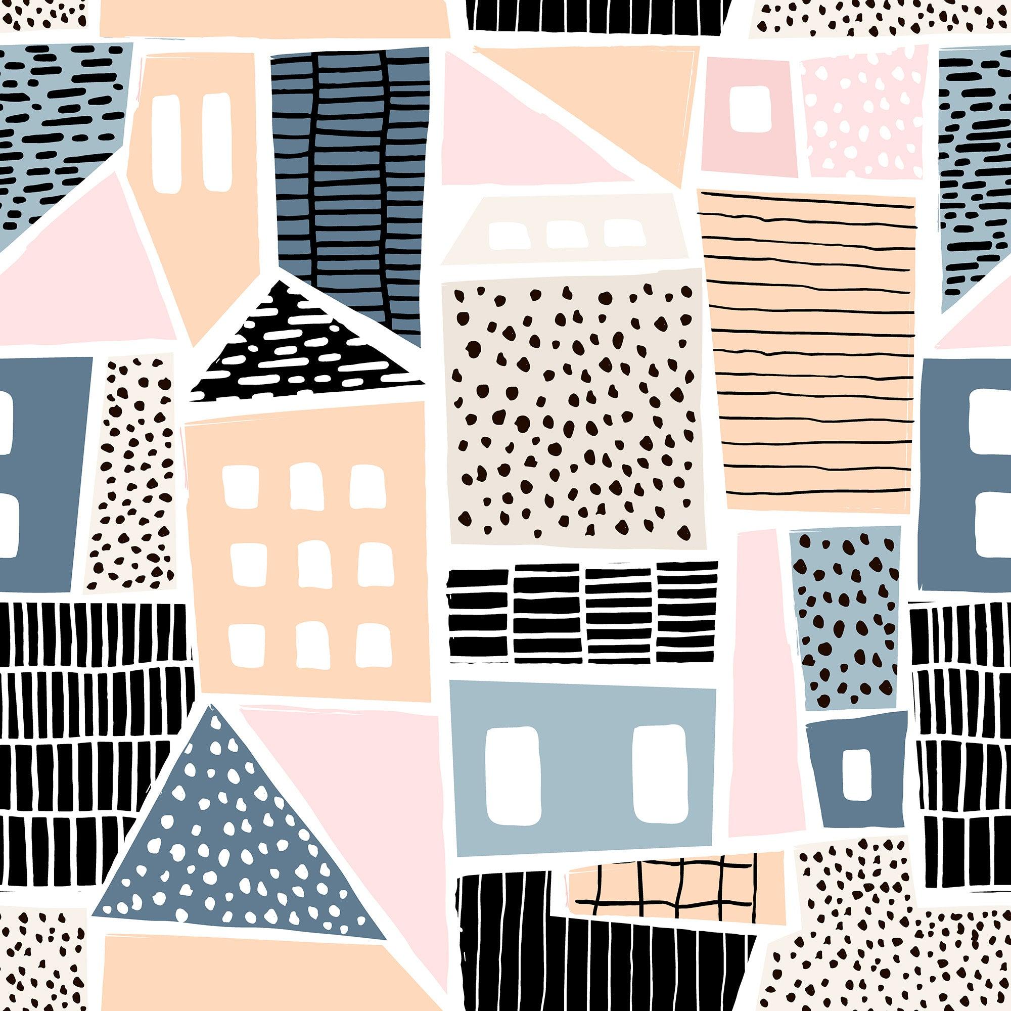papier peint motifs maisons oranges roses et bleues