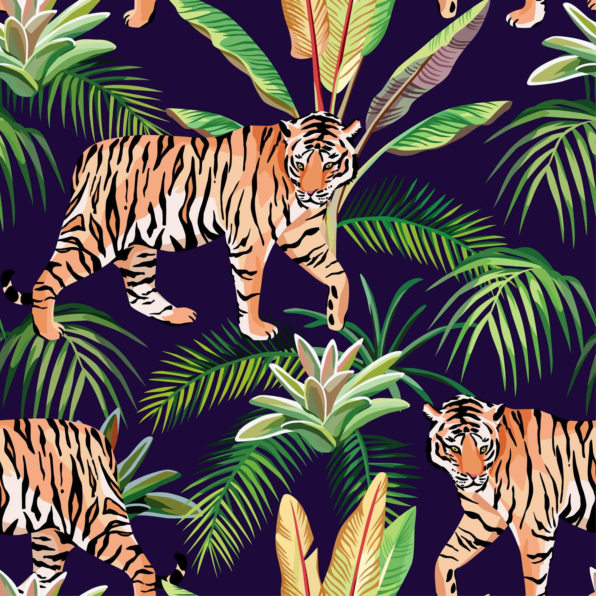 papier peint motifs tigres et feuilles tropicales