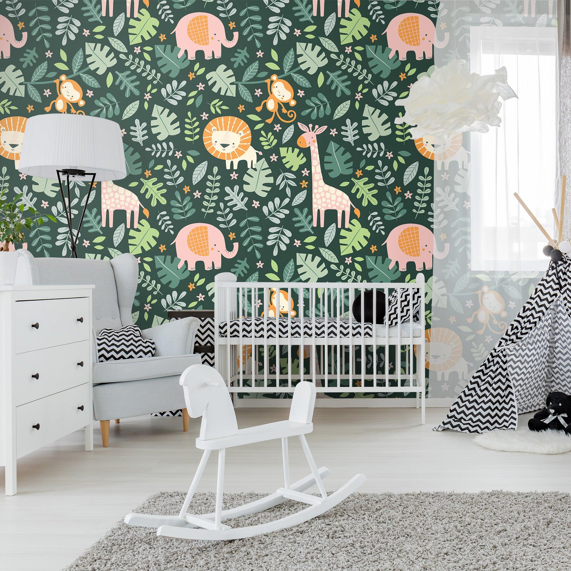 Chambre enfant avec papier peint jungle et ses animaux Leon