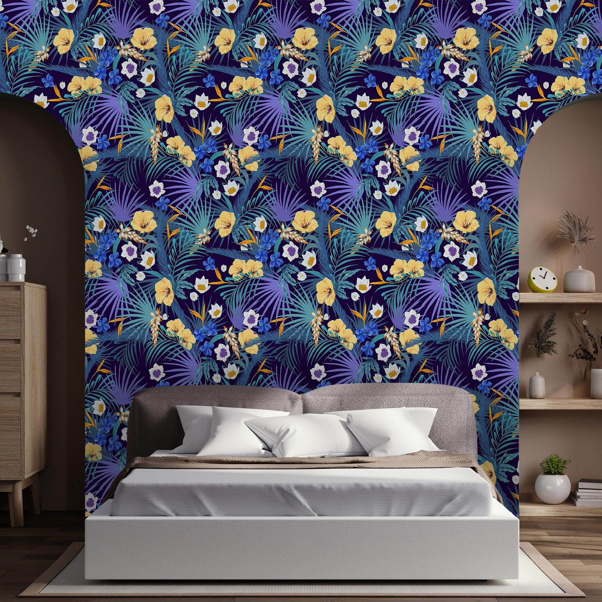 papier peint motifs fleurs et feuilles violet et bleu 