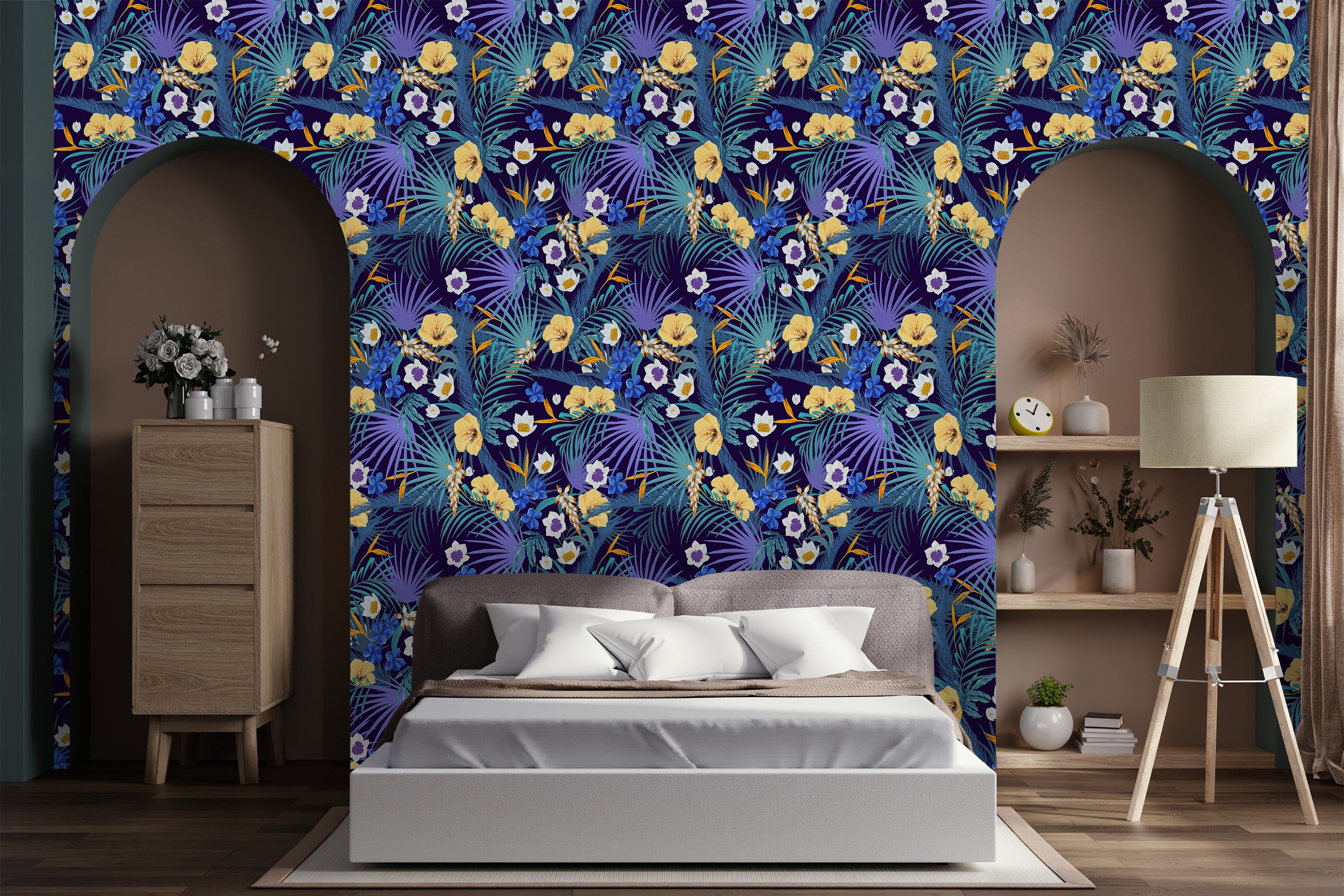 chambre papier peint floral bleu jaune Lily