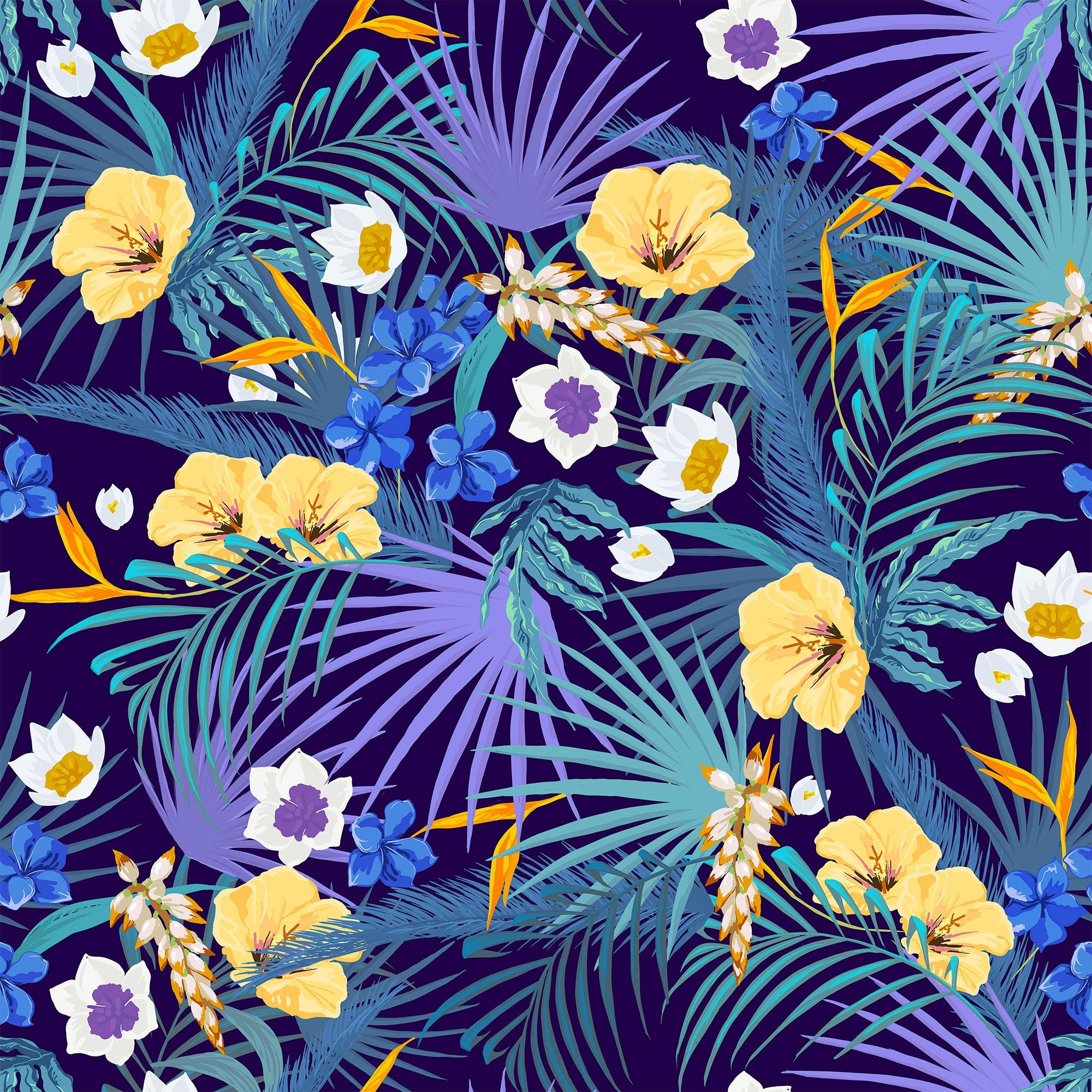 papier peint motifs fleurs et feuilles violet et bleu 
