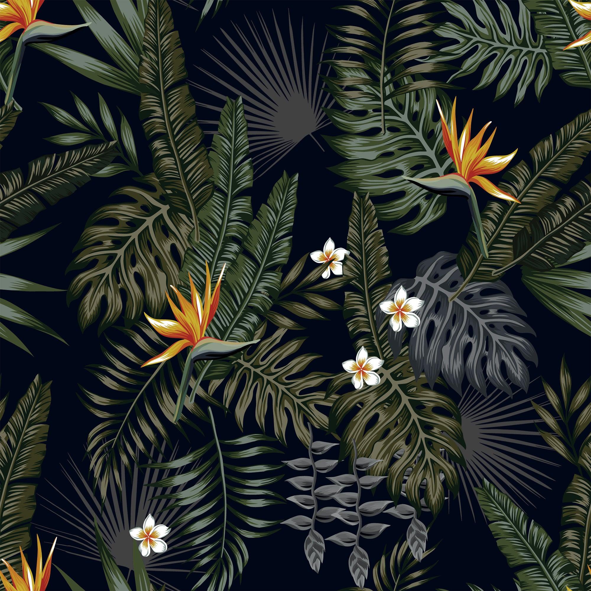 papier peint motifs feuilles et fleurs tropicales
