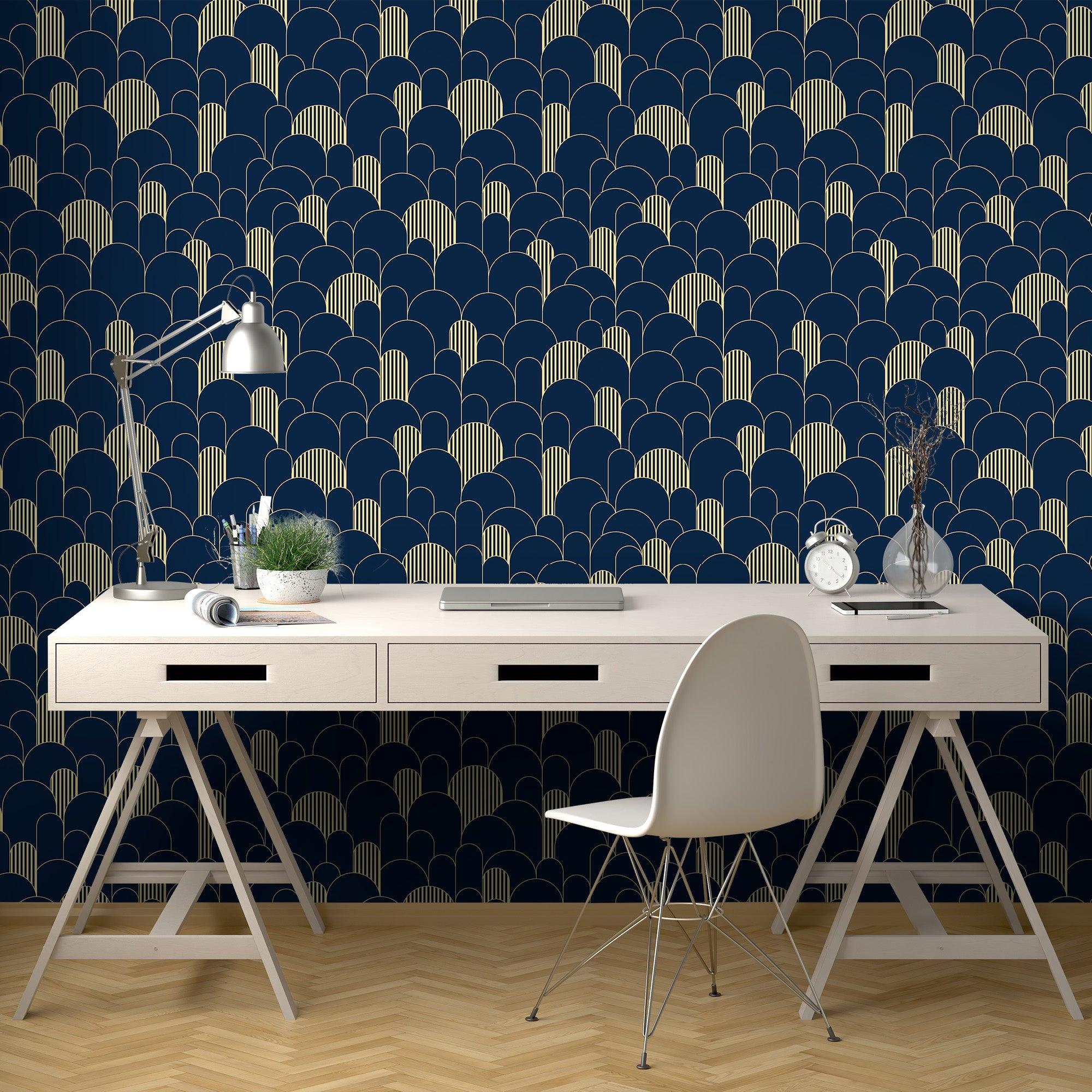 papier peint motifs scandinaves bleu et or