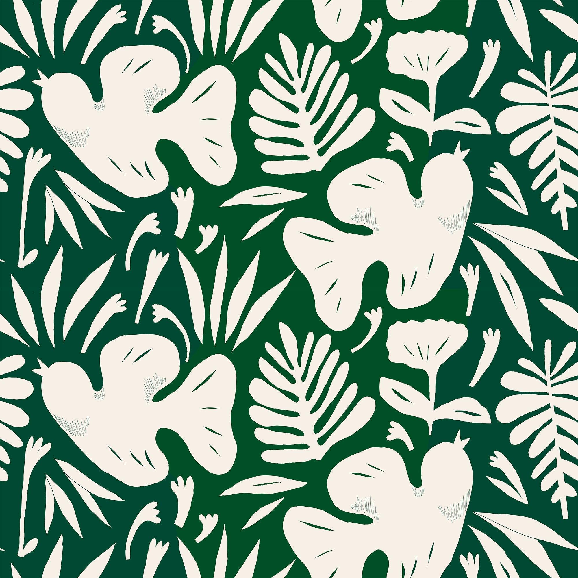 papier peint motifs organiques feuilles et oiseaux vert