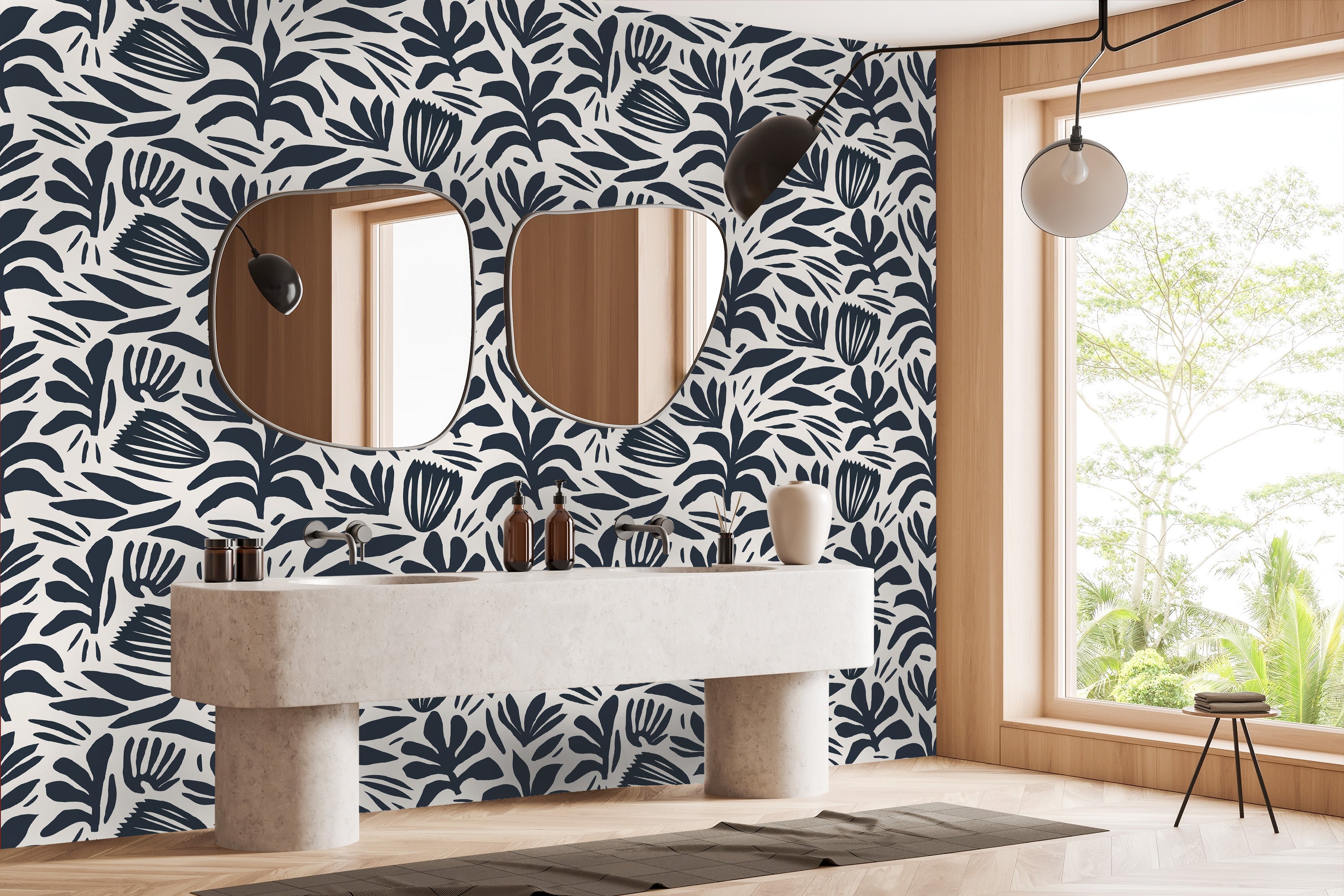 salle de bain avec papier peint organique végétal noir et blanc
