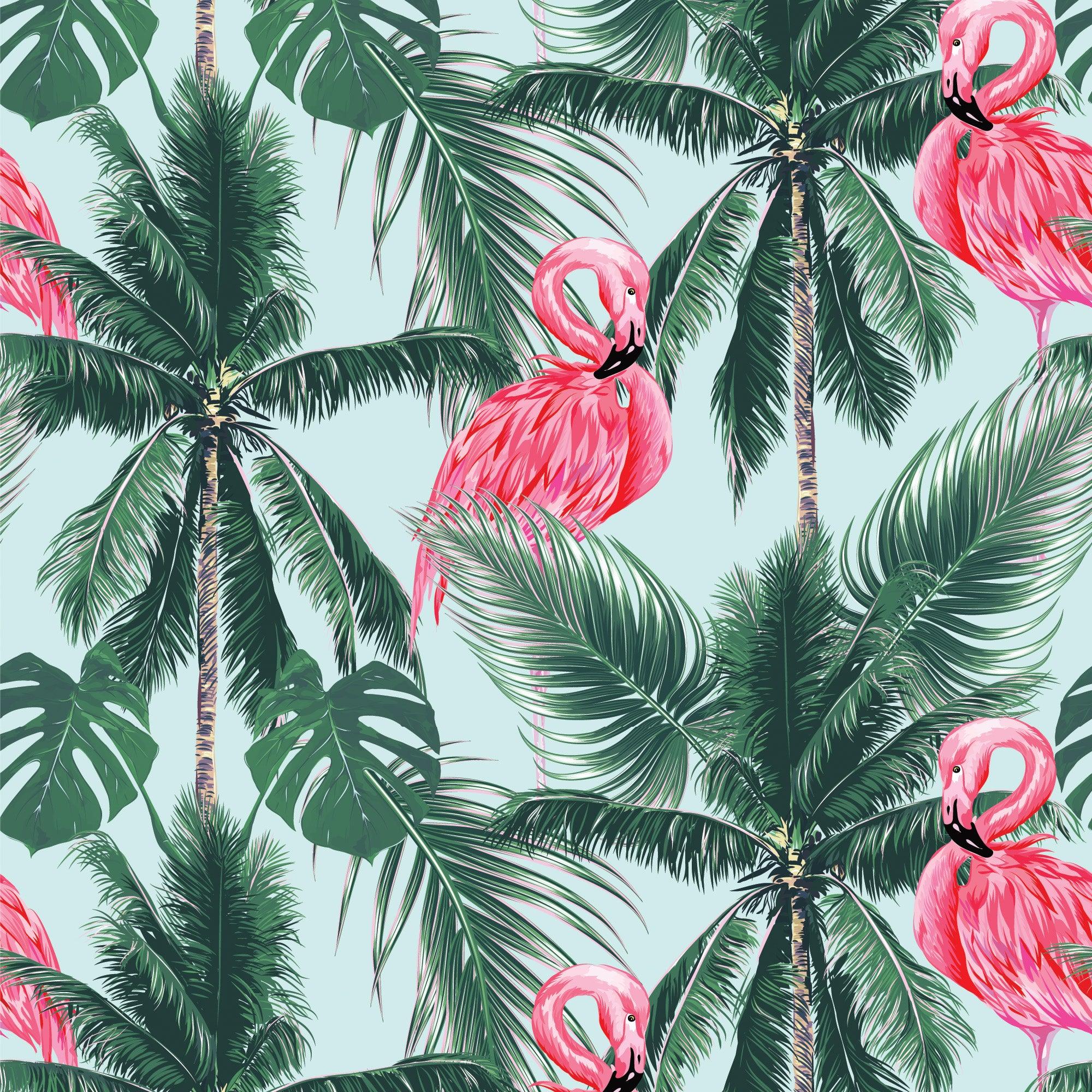 papier peint motifs vintage cocotiers flamands roses