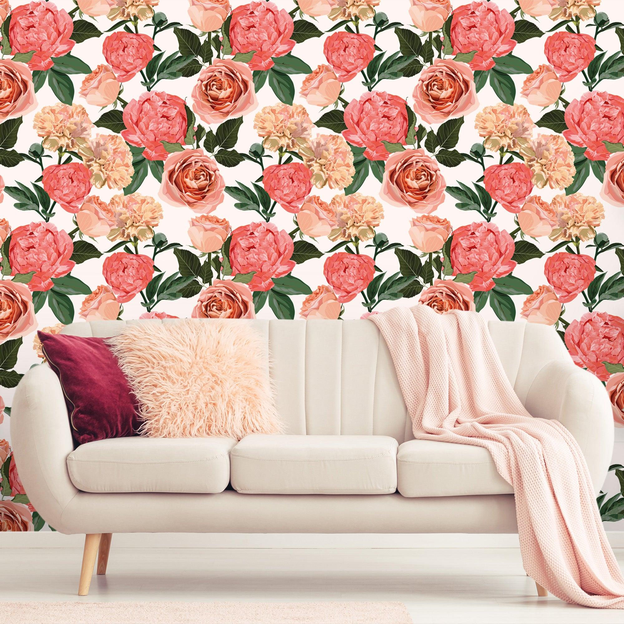salon papier peint rose 