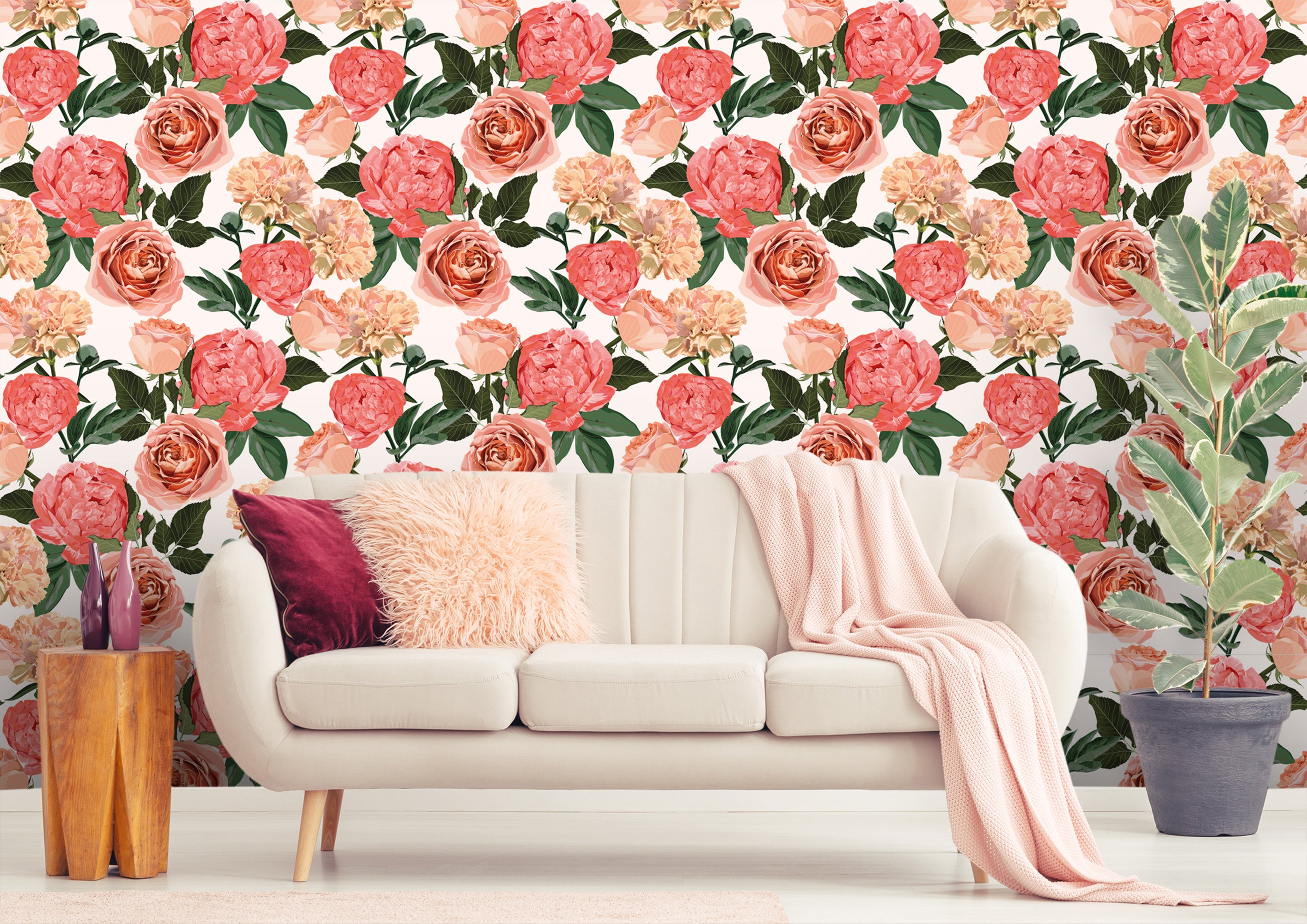 salon beige papier peint rose