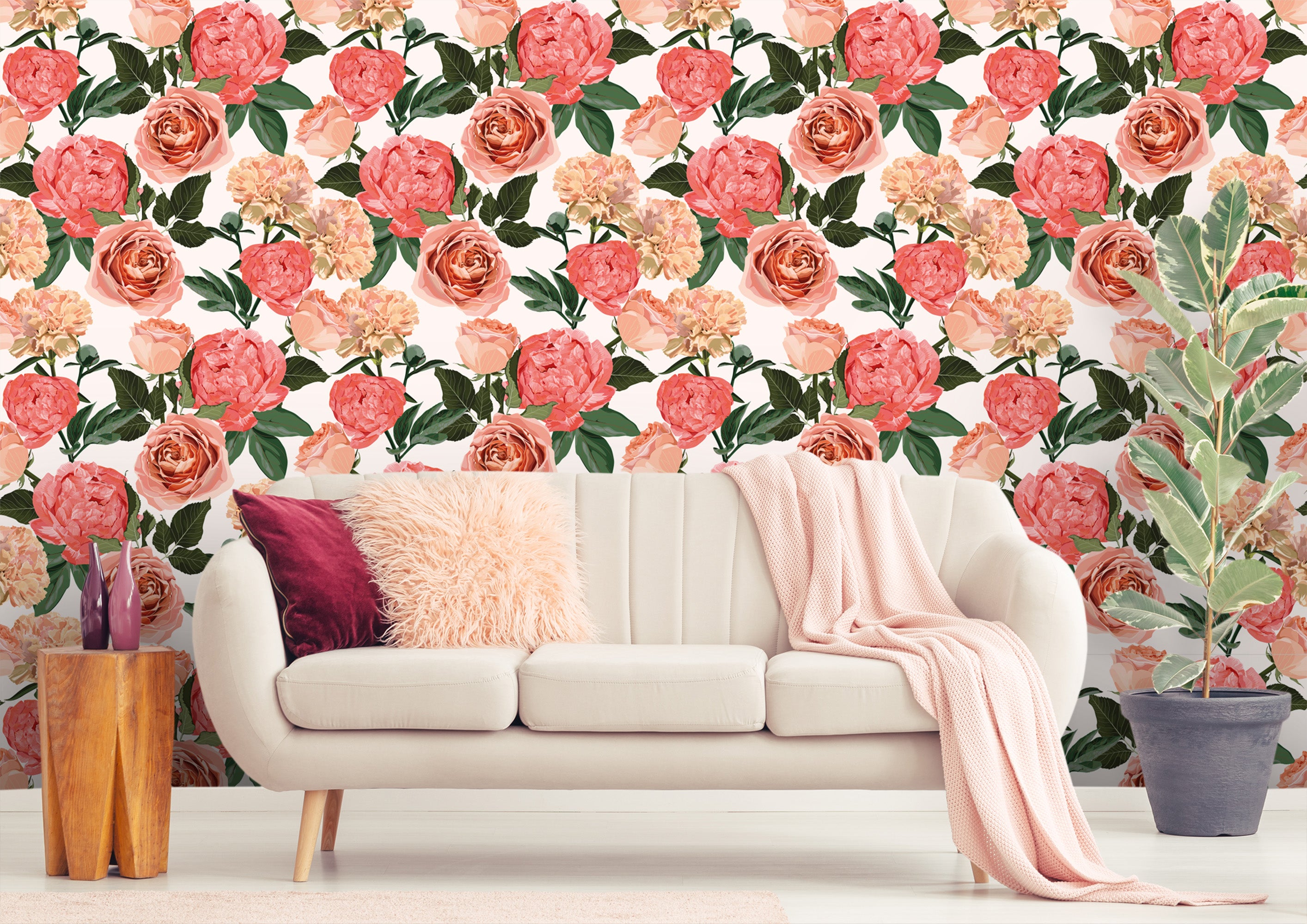 salon beige papier peint rose 