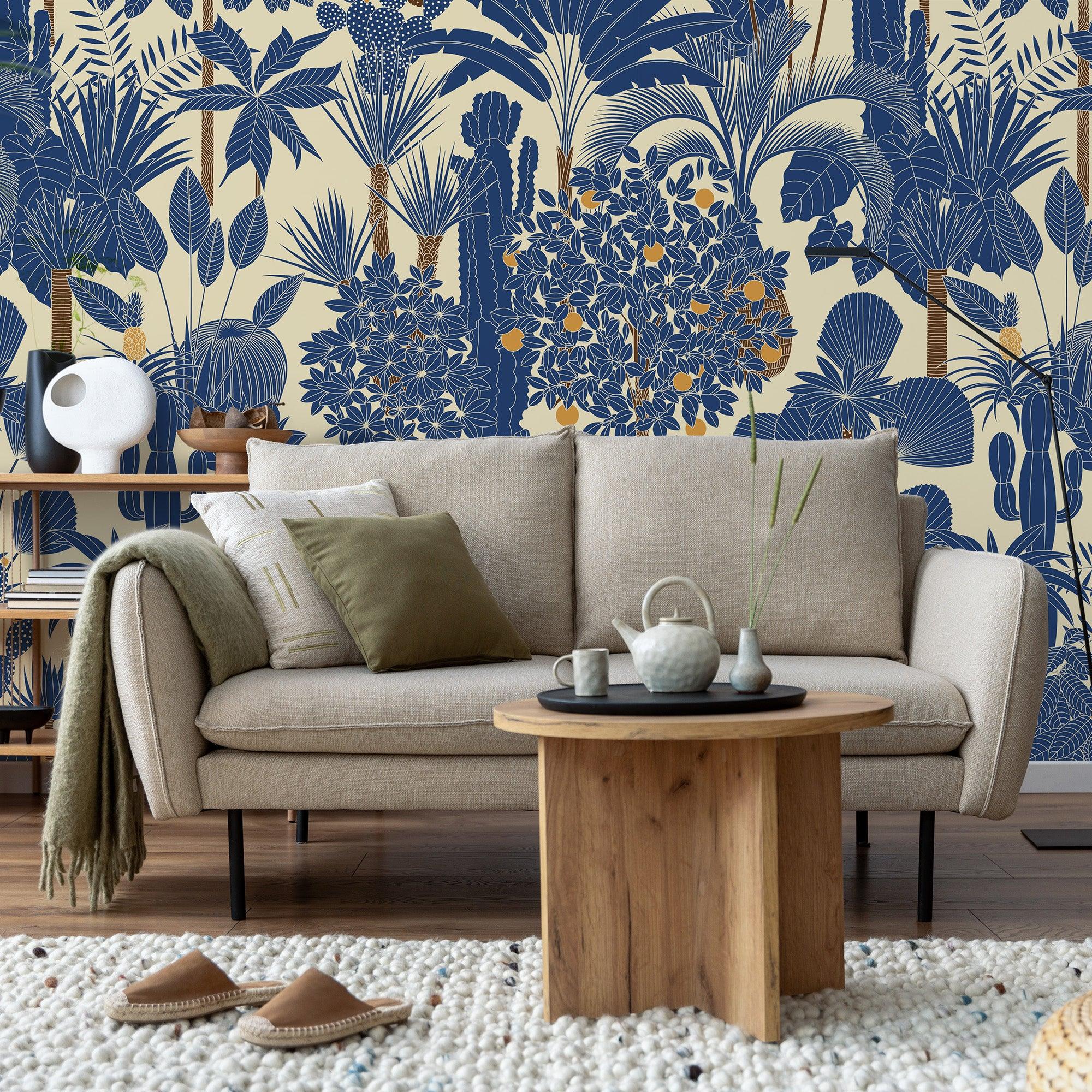 papier peint motifs arbres et plantes bleus
