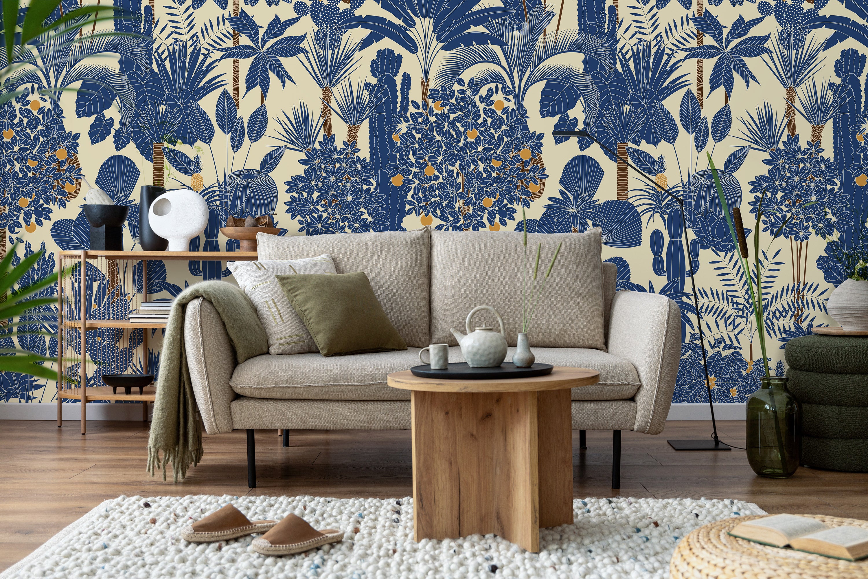 salon canapé papier peint motifs plantes bleues