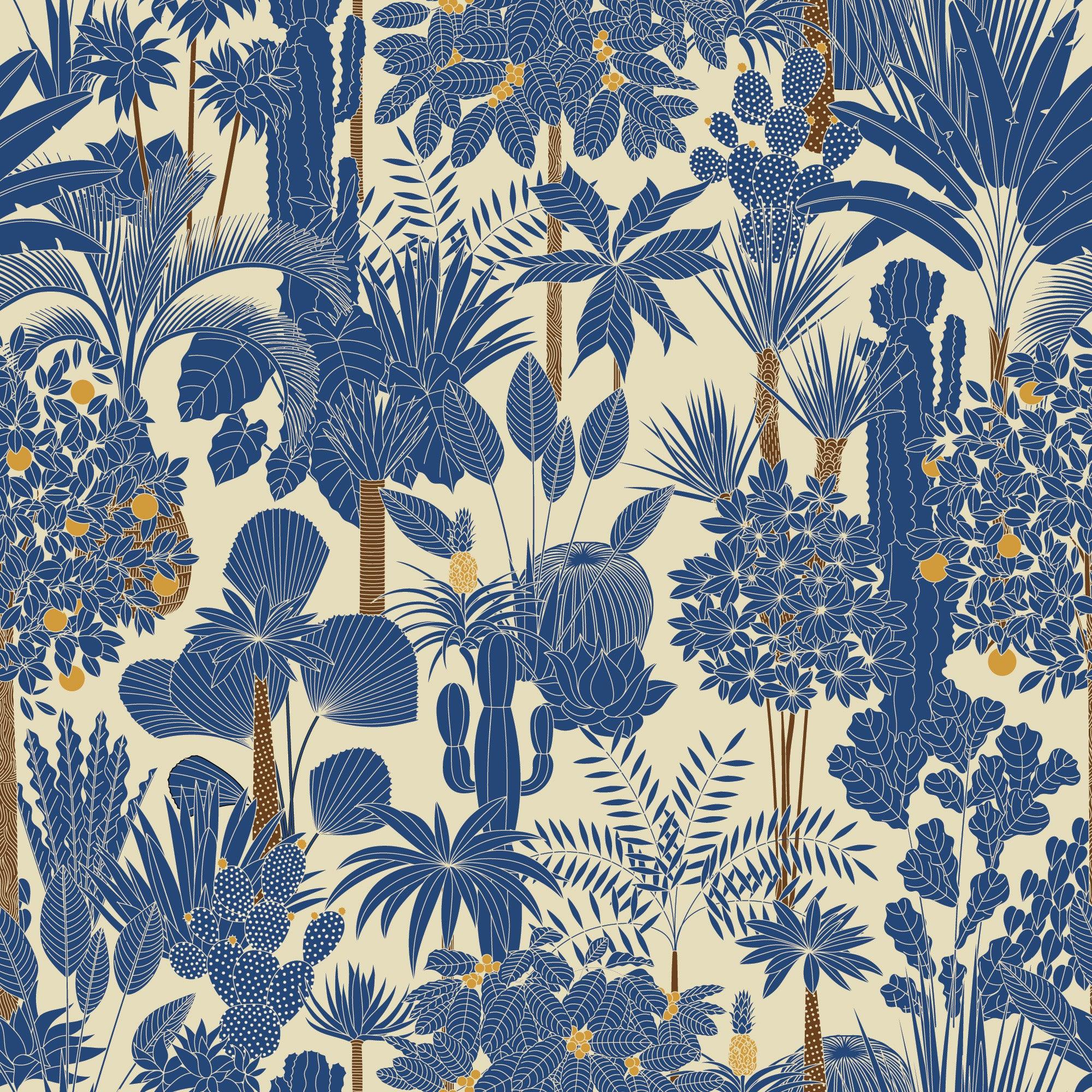 papier peint motifs arbres et plantes bleus