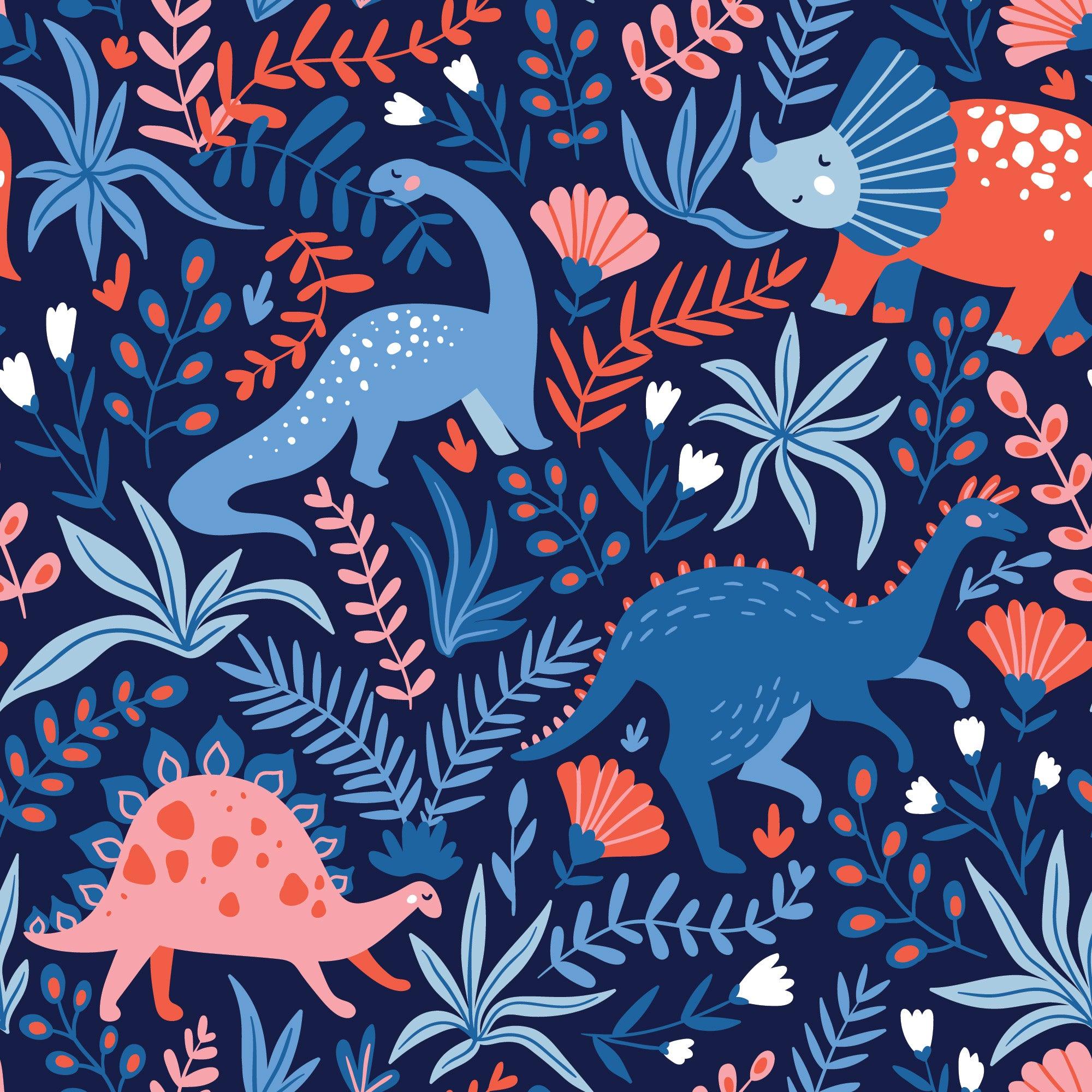 papier peint motifs dinosaures et plantes bleu rose et rouge