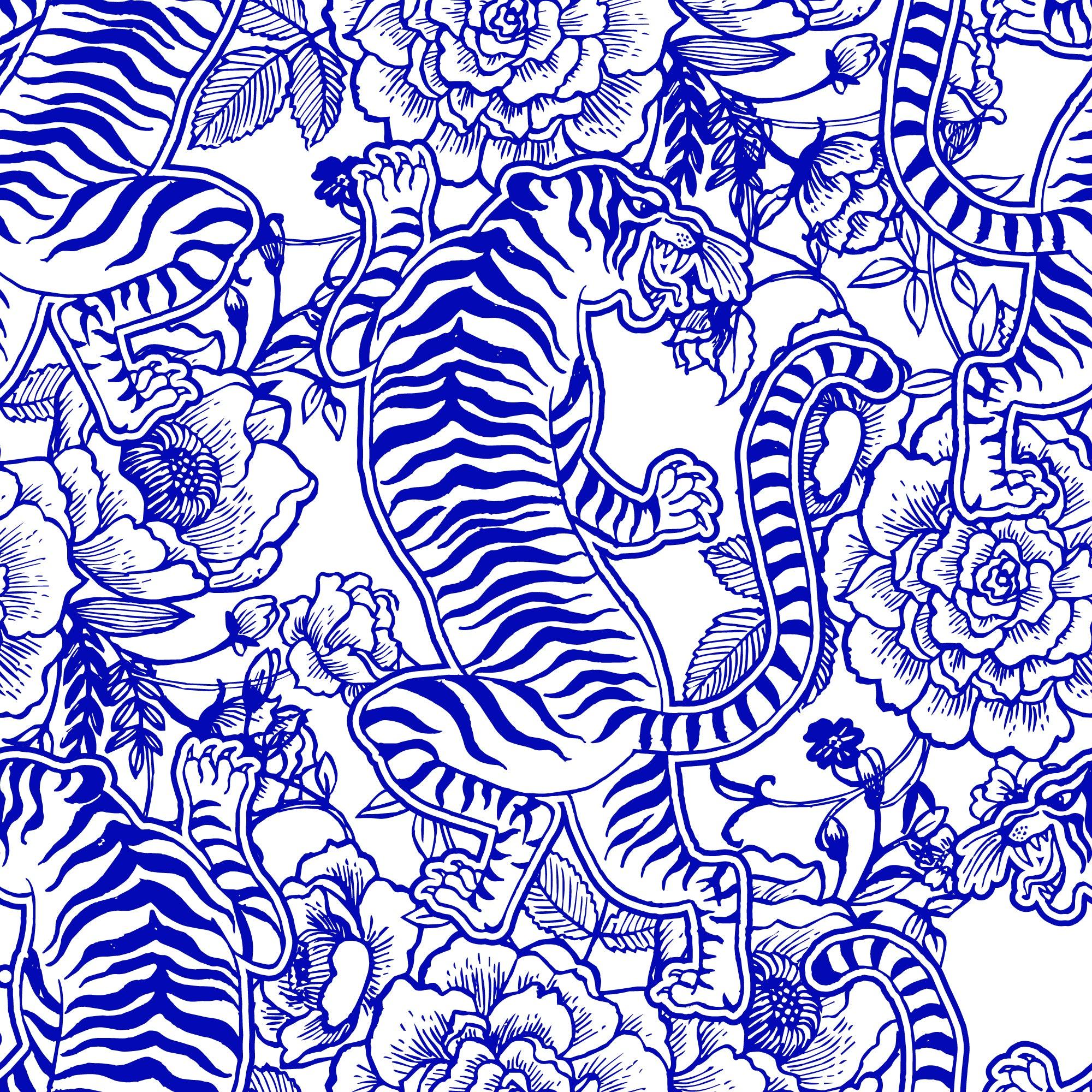 papier peint motifs chinois tigres bleus