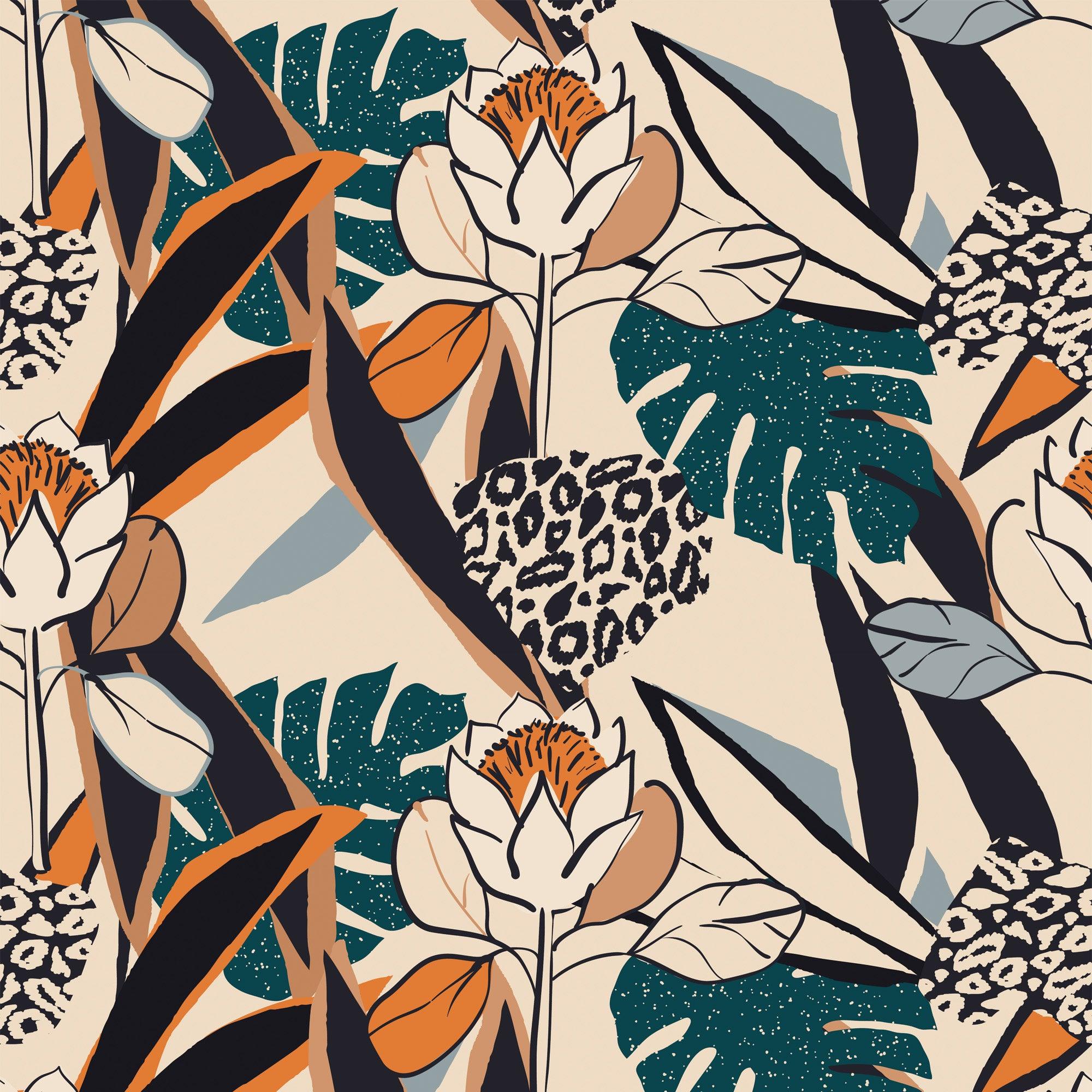 papier peint motifs feuilles bleu orange et noir