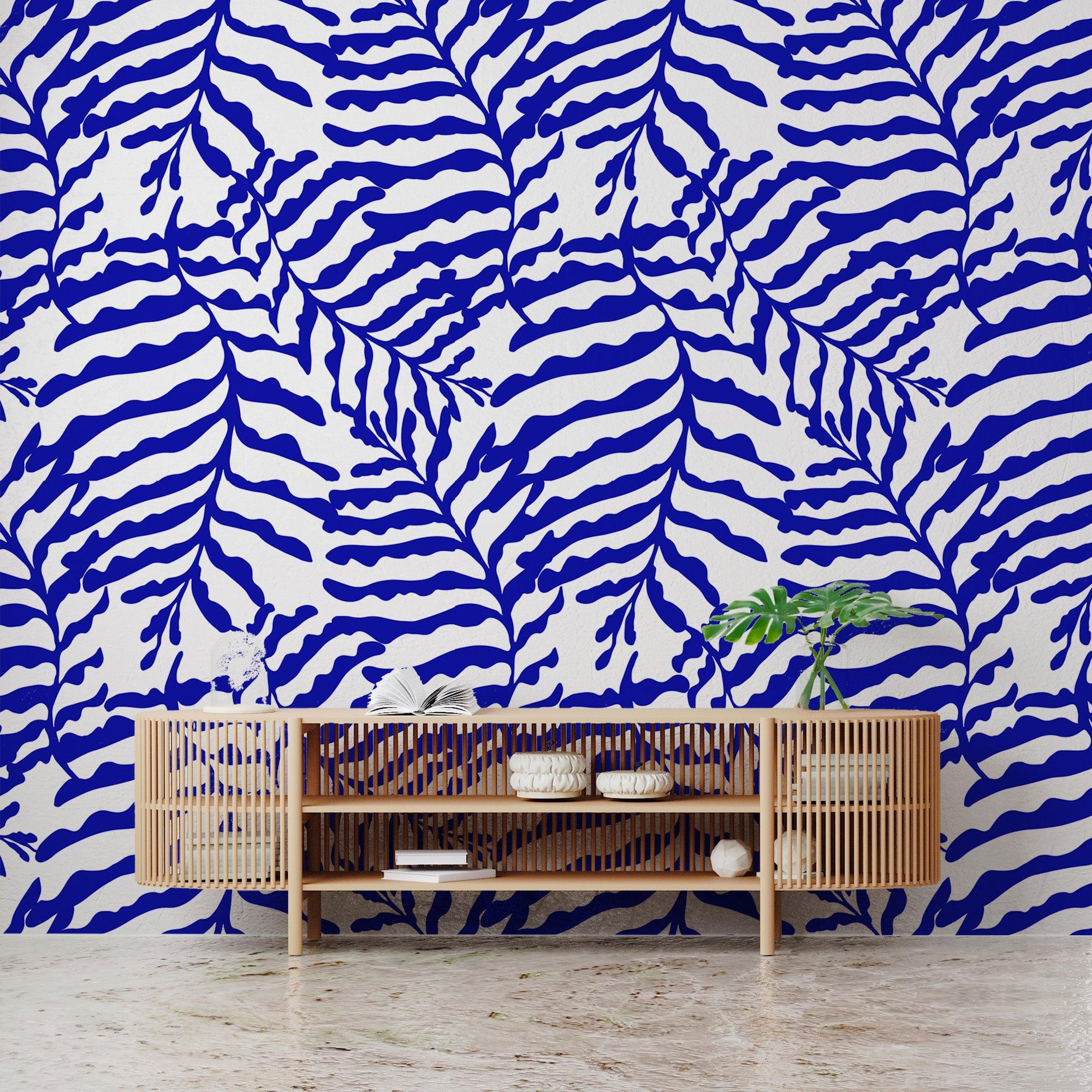 papier peint motifs feuilles bleu et blanc
