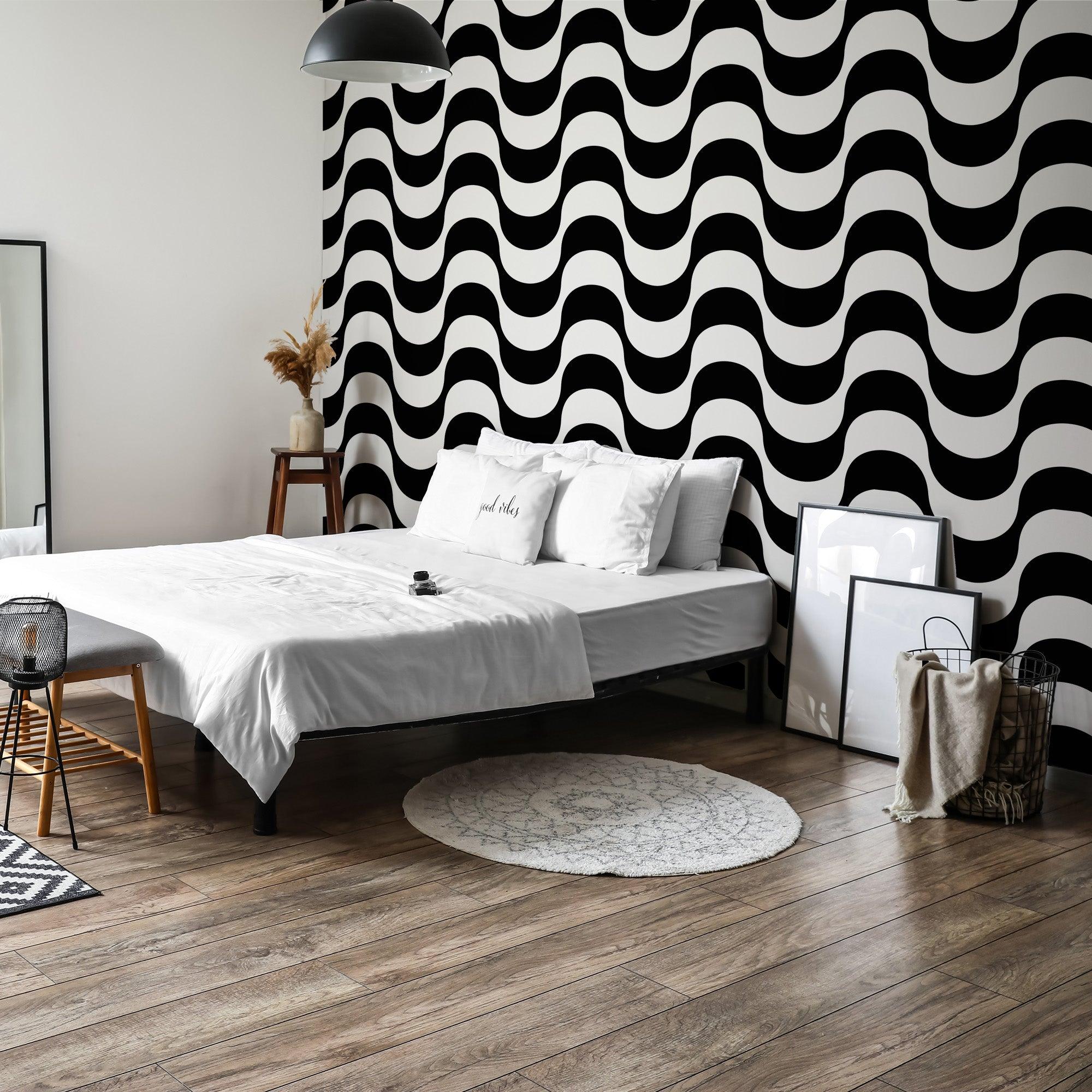 chambre papier peint géométrique noir et blanc Wavy