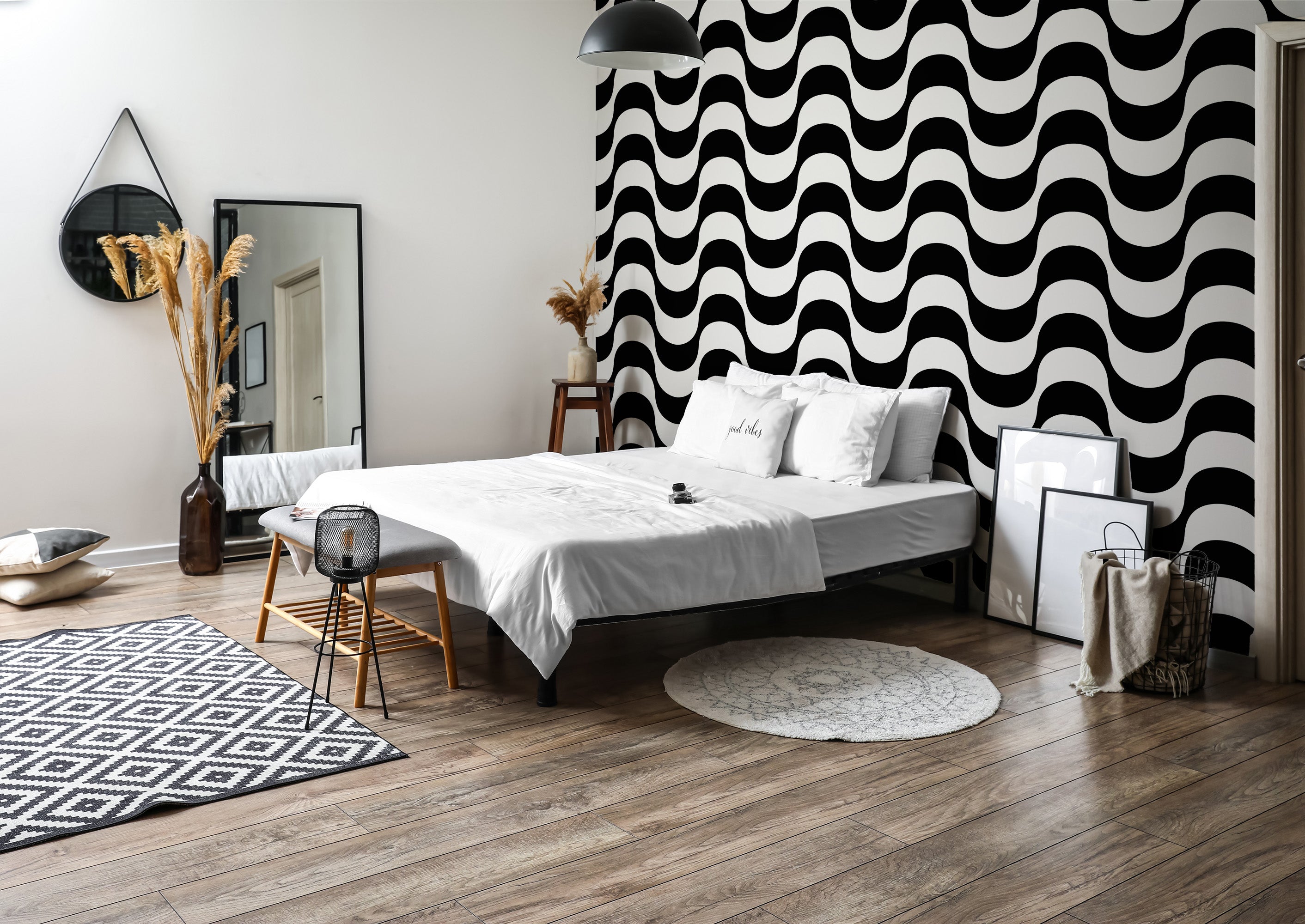 chambre papier peint géométrique noir et blanc Wavy