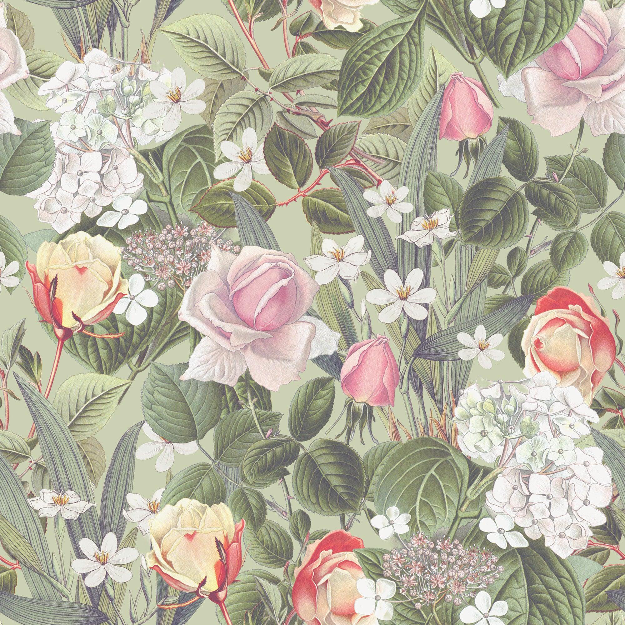 papier peint motifs vintages fleurs vert blanc et rose