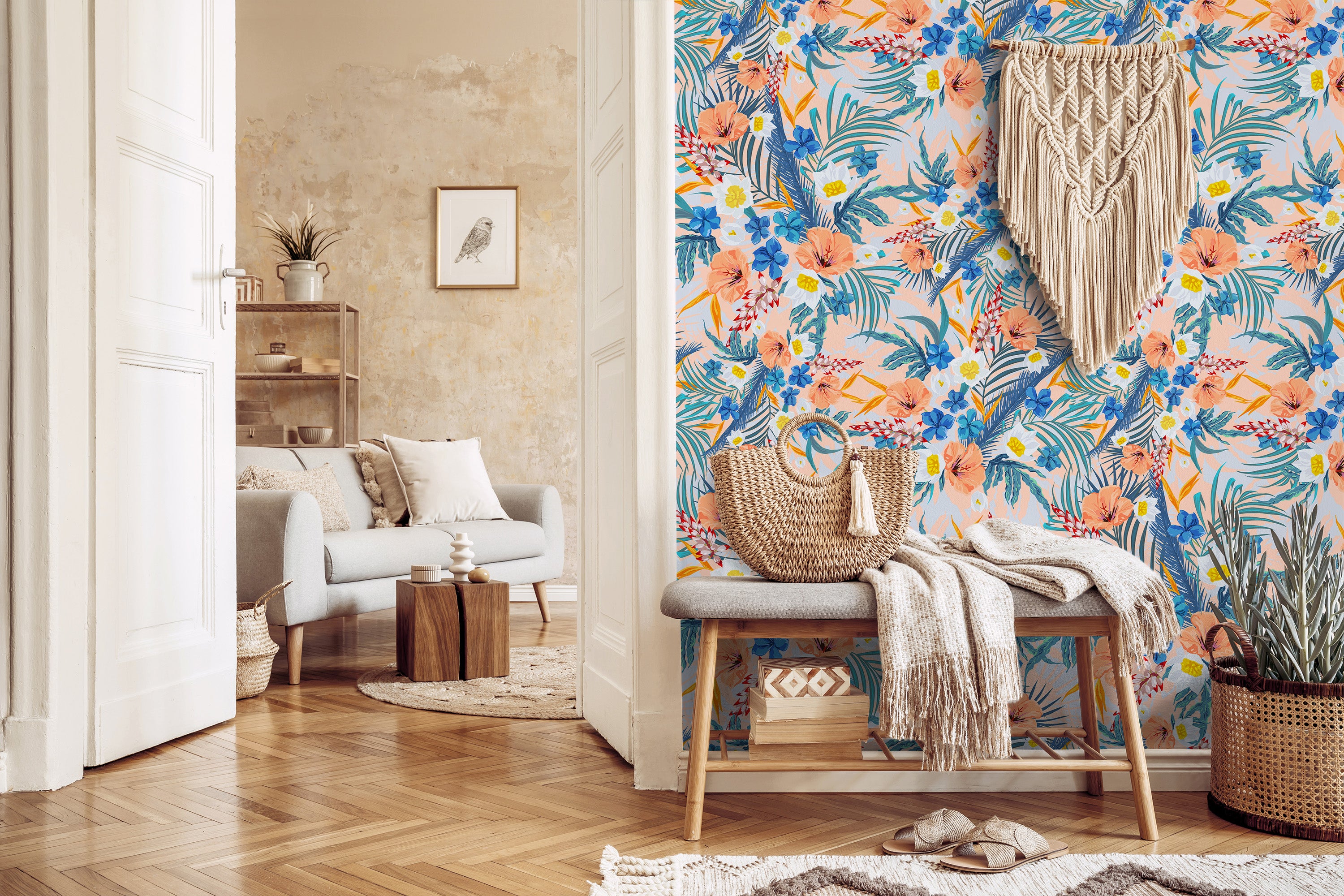 couloir papier peint hibiscus Cali
