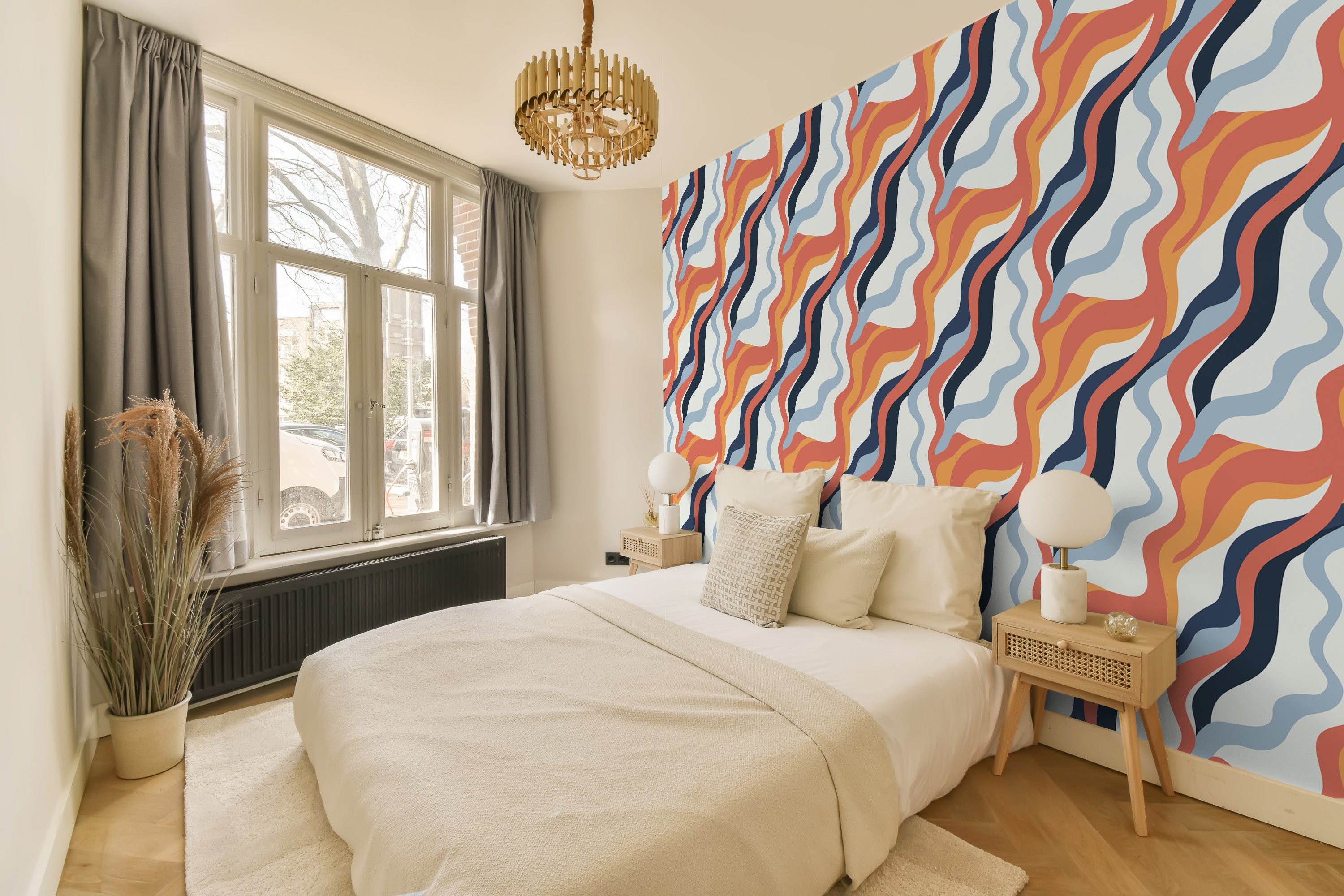 chambre à coucher papier peint motifs abstraits organiques orange et bleu