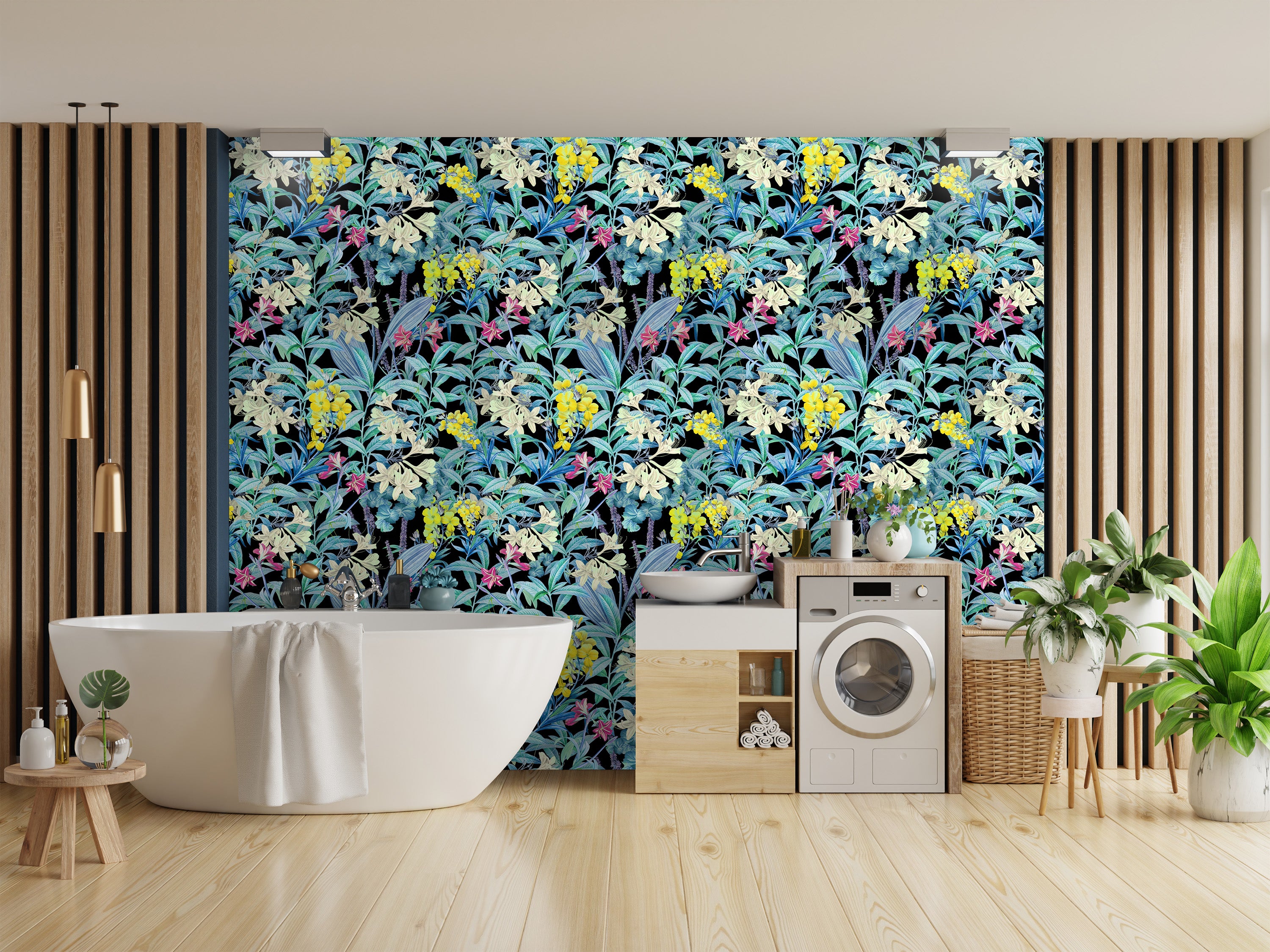 salle de bain papier peint fleurs bleu et jaune Irosa