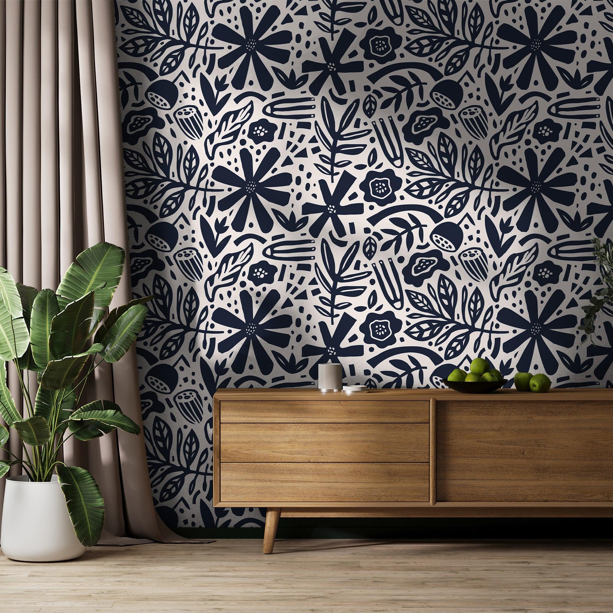 papier peint motifs feuilles et fleurs