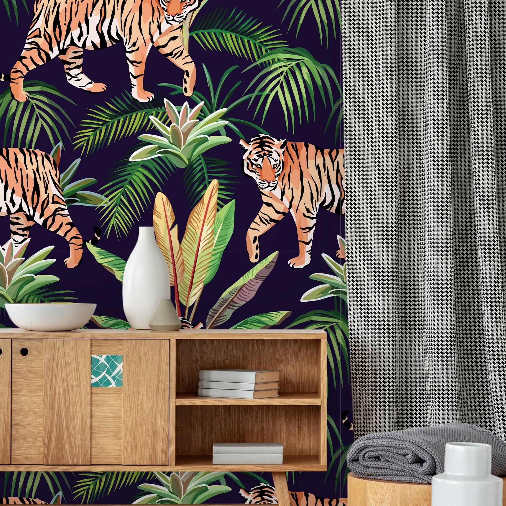 papier peint motifs tigres et feuilles tropicales