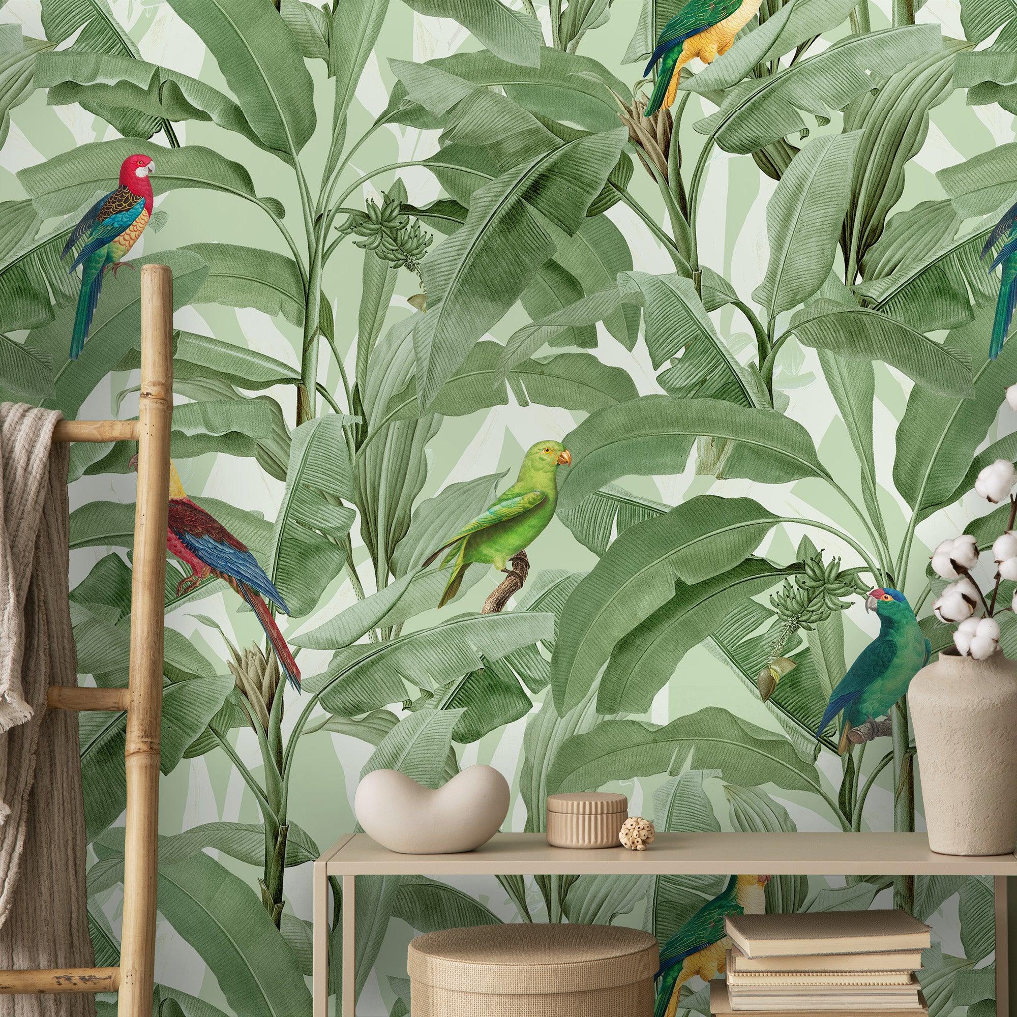 papier peint motifs perroquets et feuilles