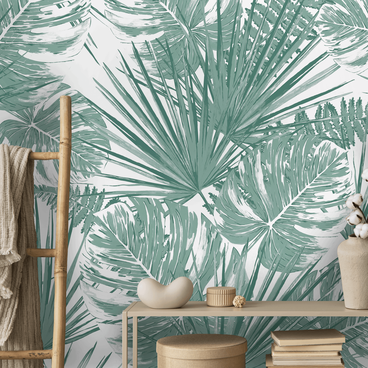 couloir papier peint feuille de palmier vert et blanc Lola