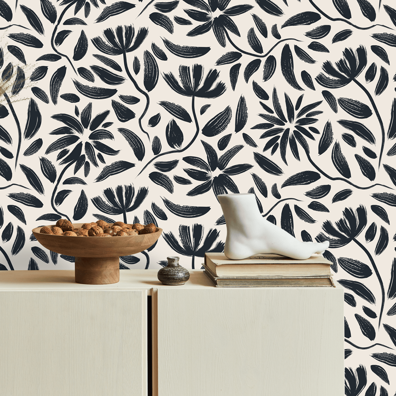 papier peint motif floral noir et blanc