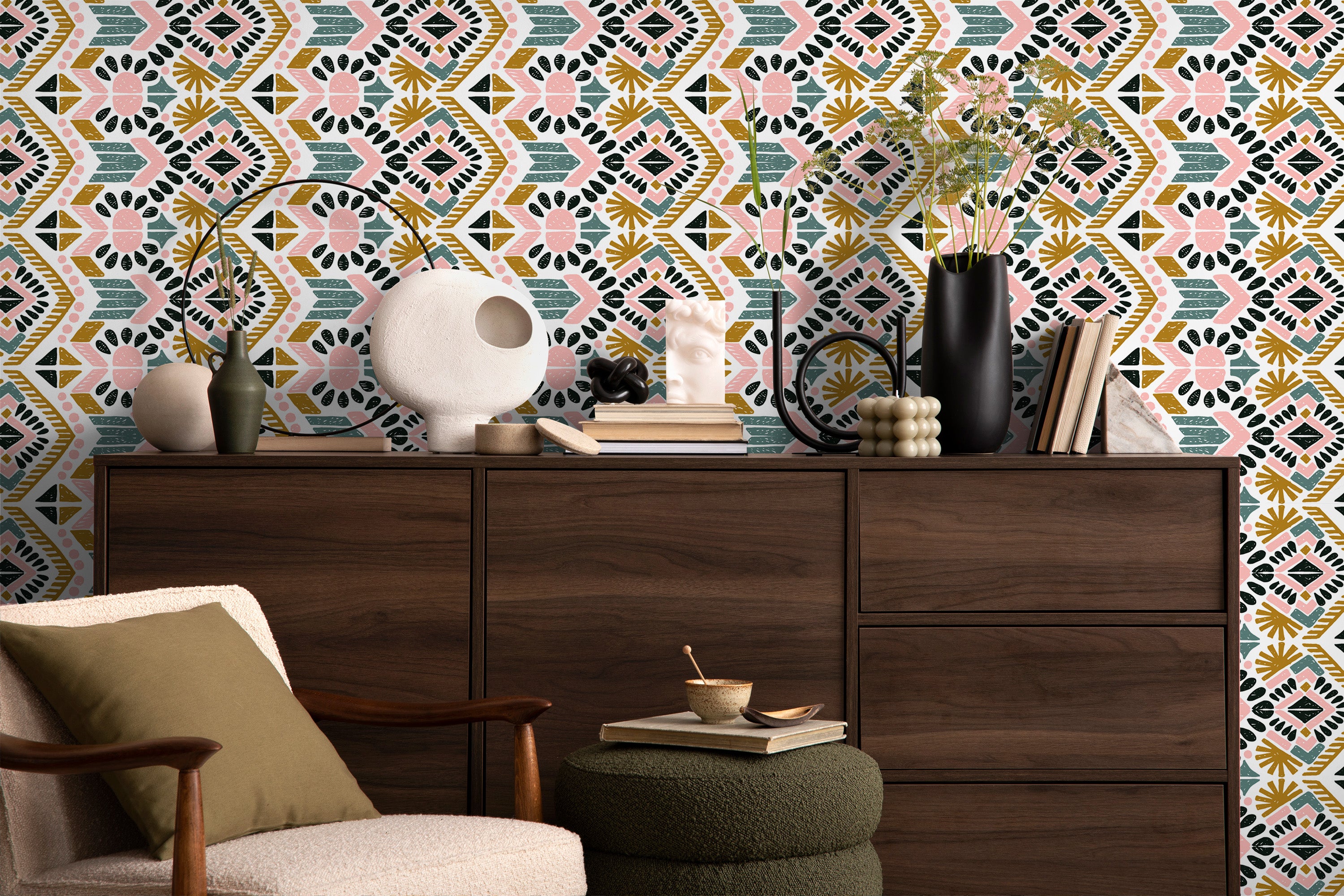 meuble rangement bois papier peint motifs scandinaves