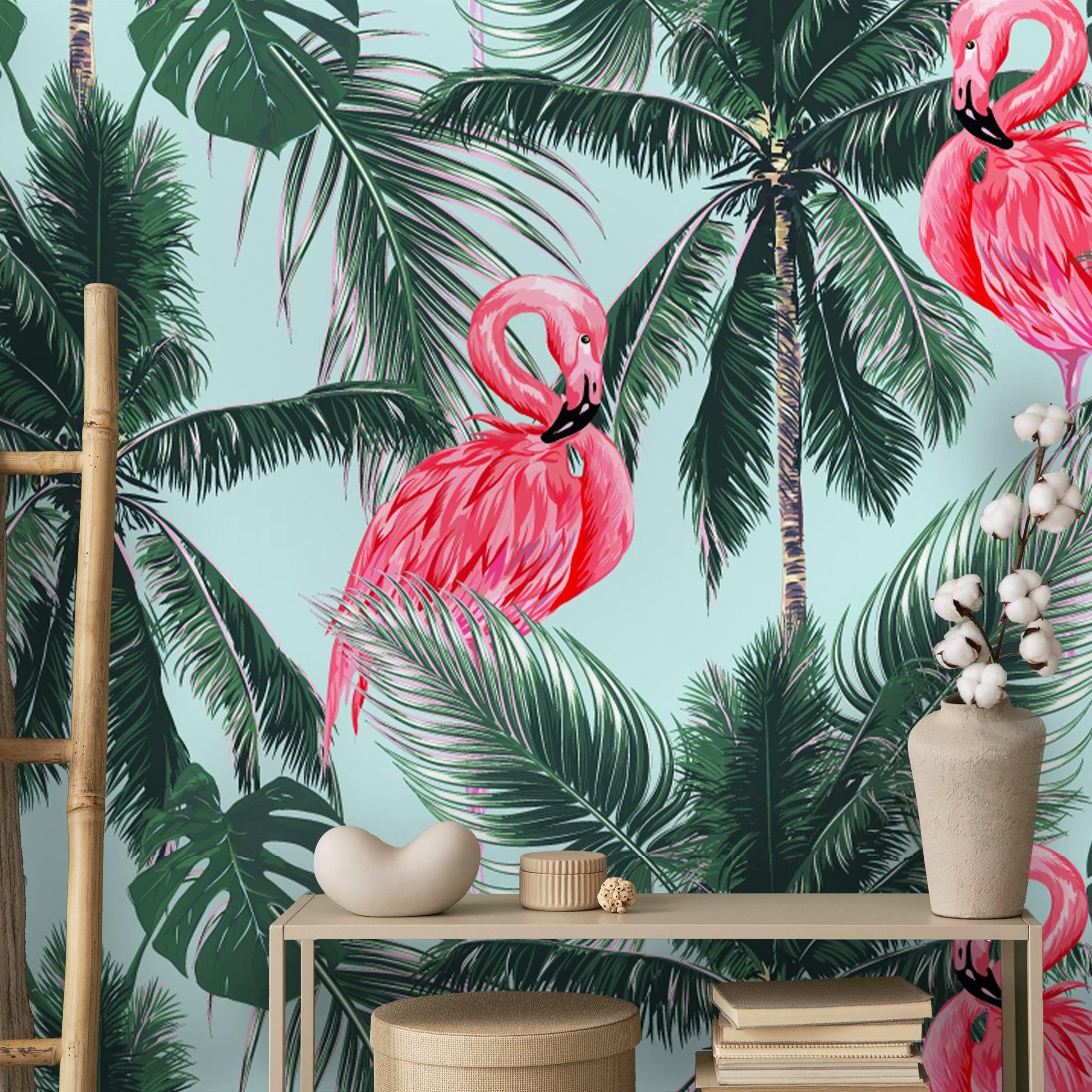 papier peint motifs vintage cocotiers flamands roses