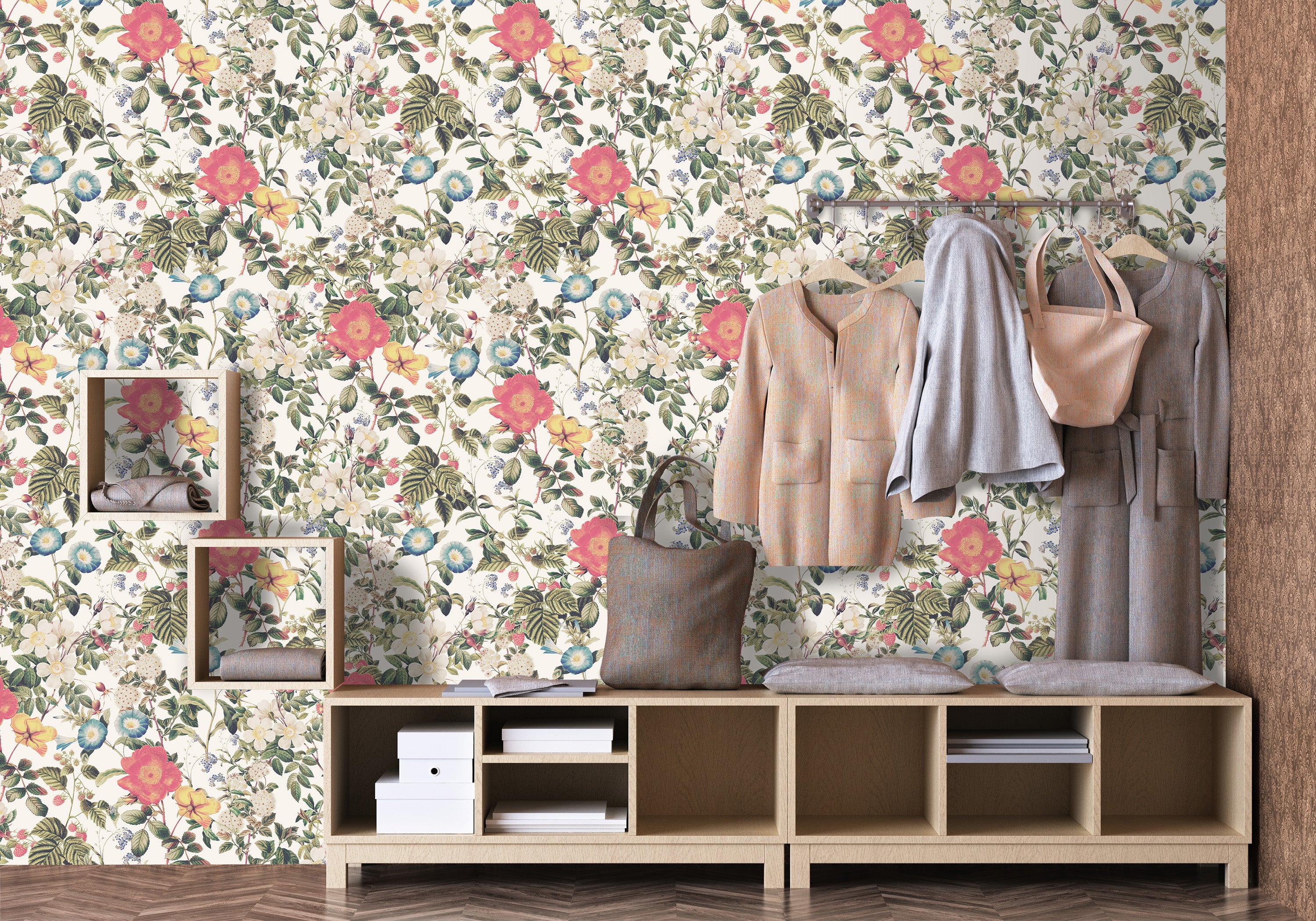 dressing rangement papier peint motifs feuilles et fleurs