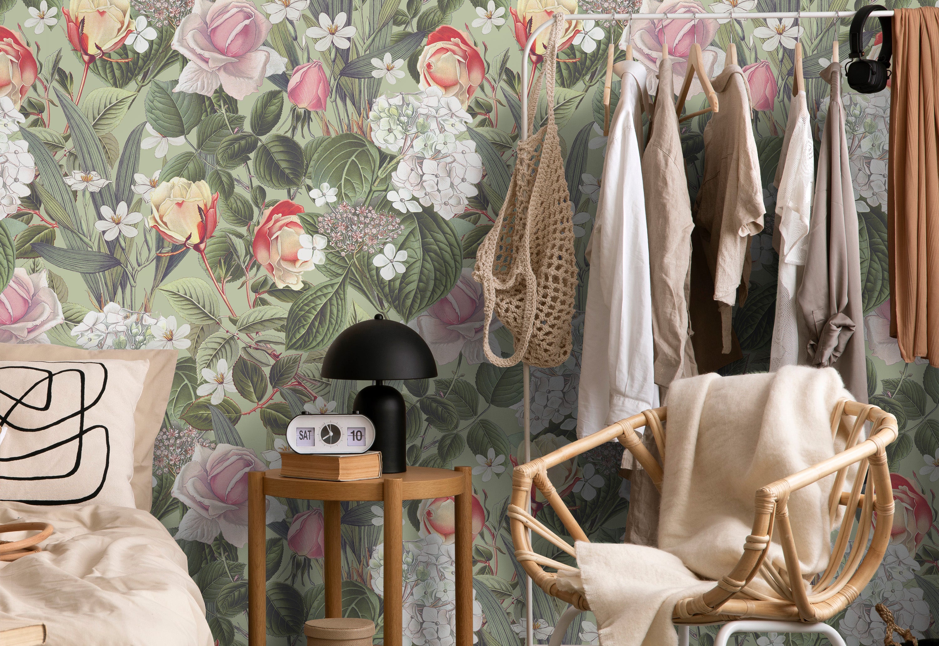 dressing papier peint motifs feuilles et fleurs vert rose et blanc