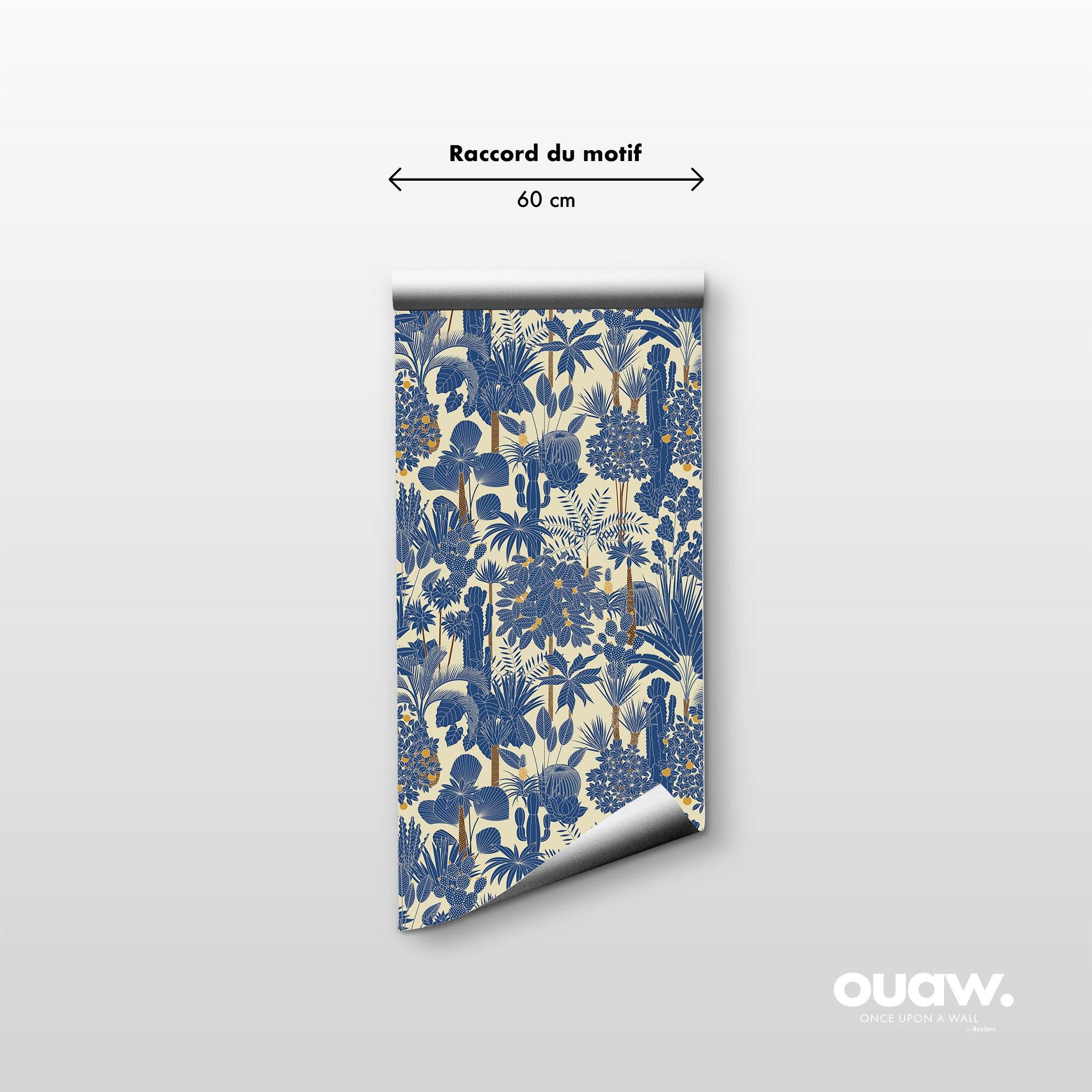 papier peint motifs arbres et plantes bleus