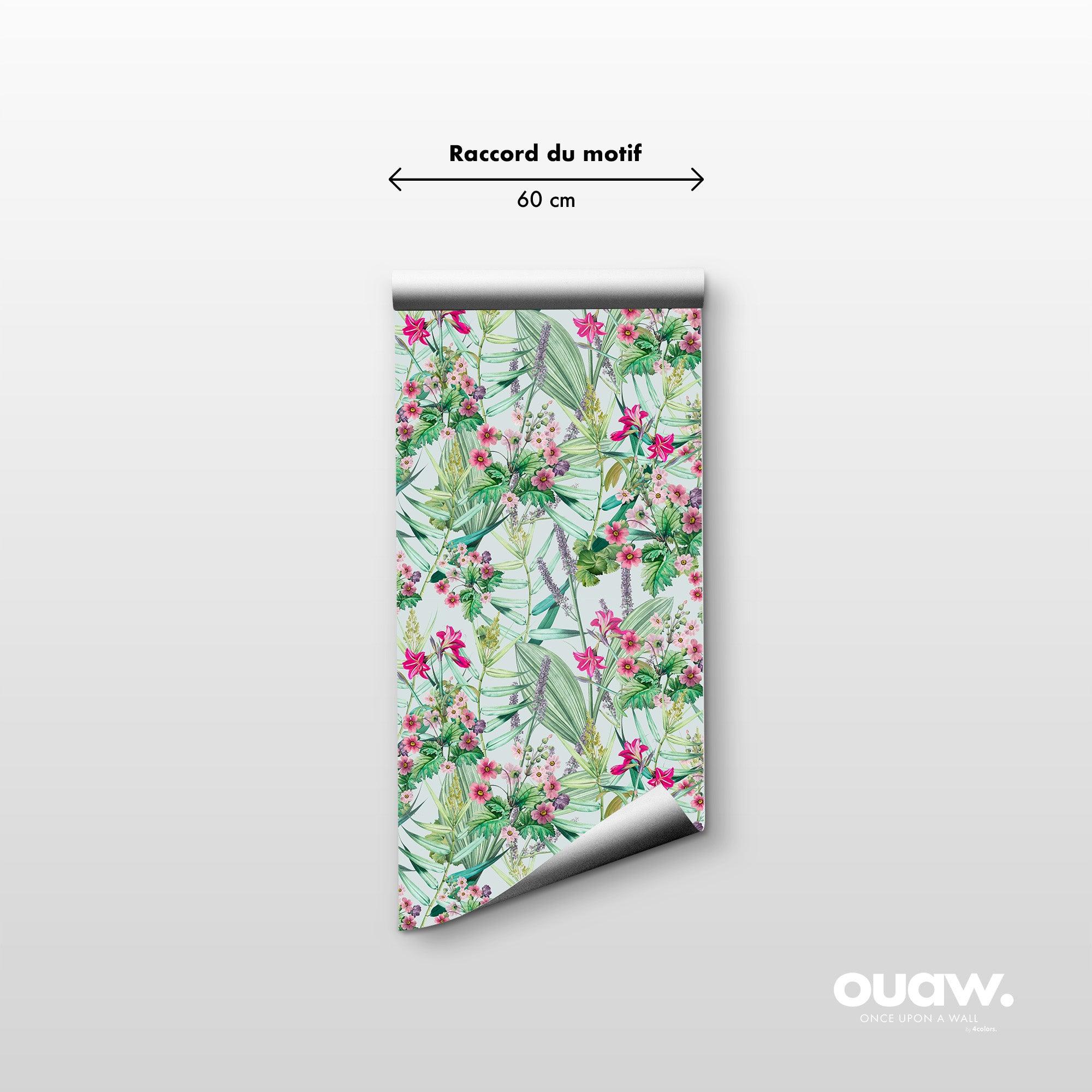 papier peint motifs feuilles et fleurs roses